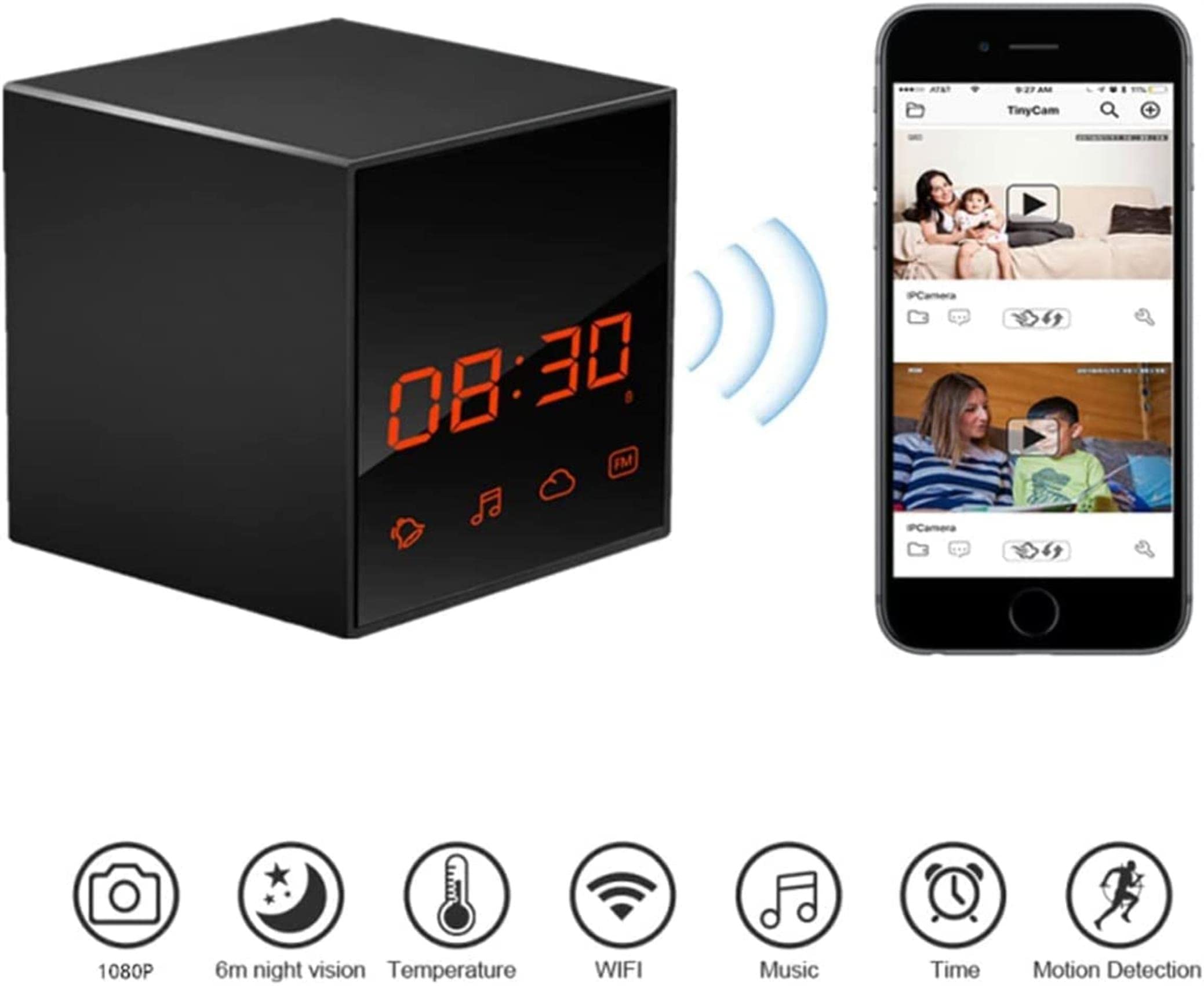 AADECOR WiFi Hidden Camera Clock - 1080P HD Spy Camera with Invisible Lens, Wireless Charger, Speaker & Music Box for Home Security & Surveillance | Perfect for Office, Nursery, and Indoor Monitoring