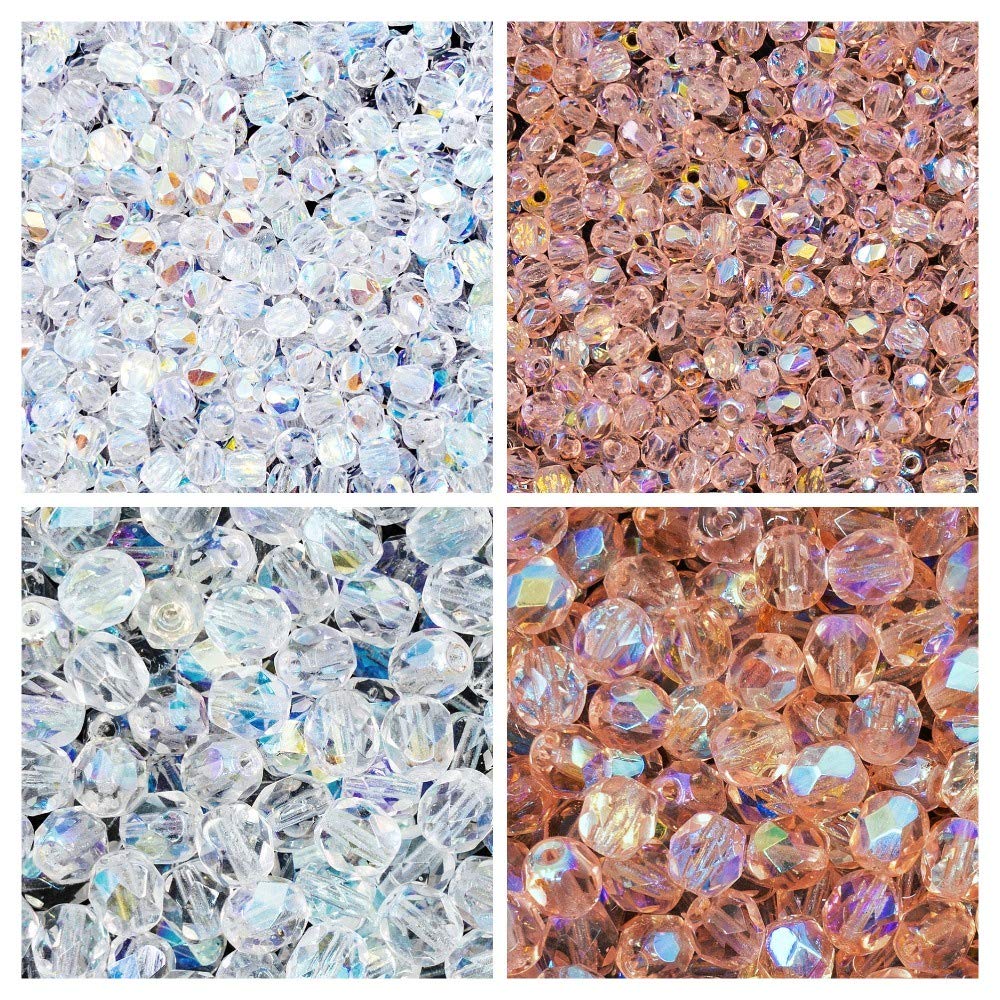 Czech Fire-Polished Glass Beads Set - Round 3mm & 6mm Sizes in Crystal AB & Rosaline AB (300pcs) | Jewelry Making Kit for Necklaces, Bracelets & DIY Crafts