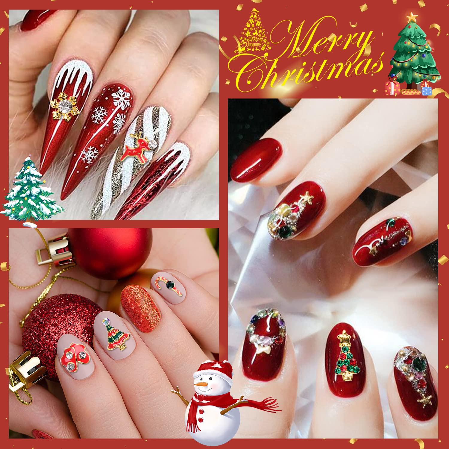 WOKOTO 24 Pcs Christmas Nail Charms - 3D Holiday Nail Art Decorations with Christmas Tree, Bells, Snowman & Rhinestones | Perfect for DIY Nail Art, Holiday Parties & Festive Manicures