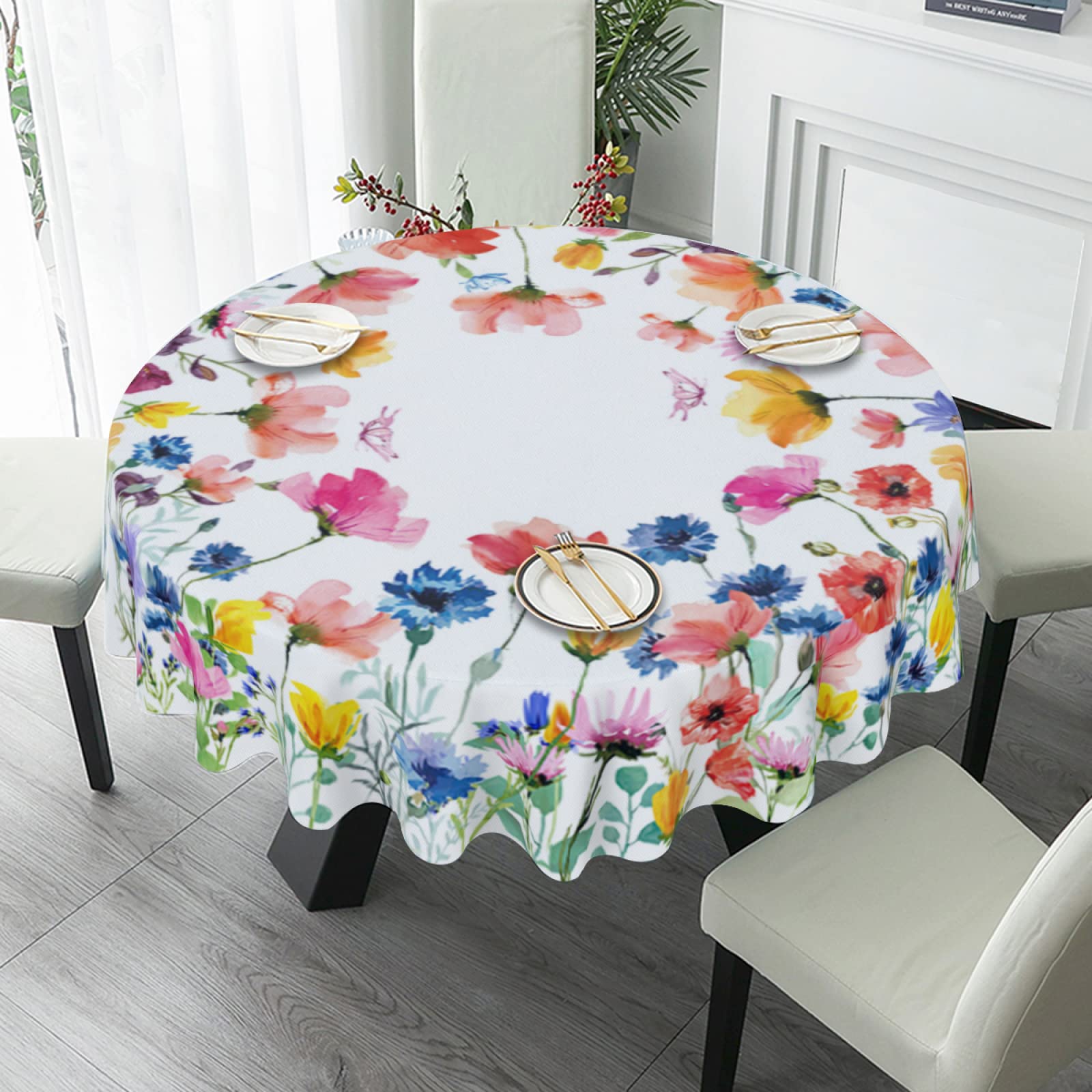 Butterfly Spring Floral 60 Inch Round Polyester Washable Tablecloth for Kitchen, Dining Room, Wedding, and Party