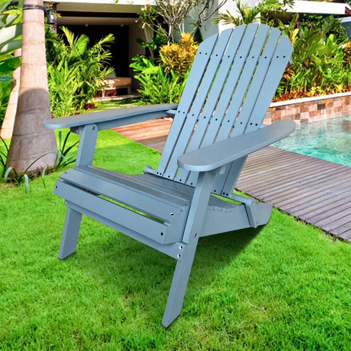Solid Wood Folding Adirondack Chair - Weather-Resistant Outdoor Patio Furniture with Arms for Deck, Backyard, Garden & Poolside - Perfect for Relaxing, Sunbathing and Outdoor Entertaining