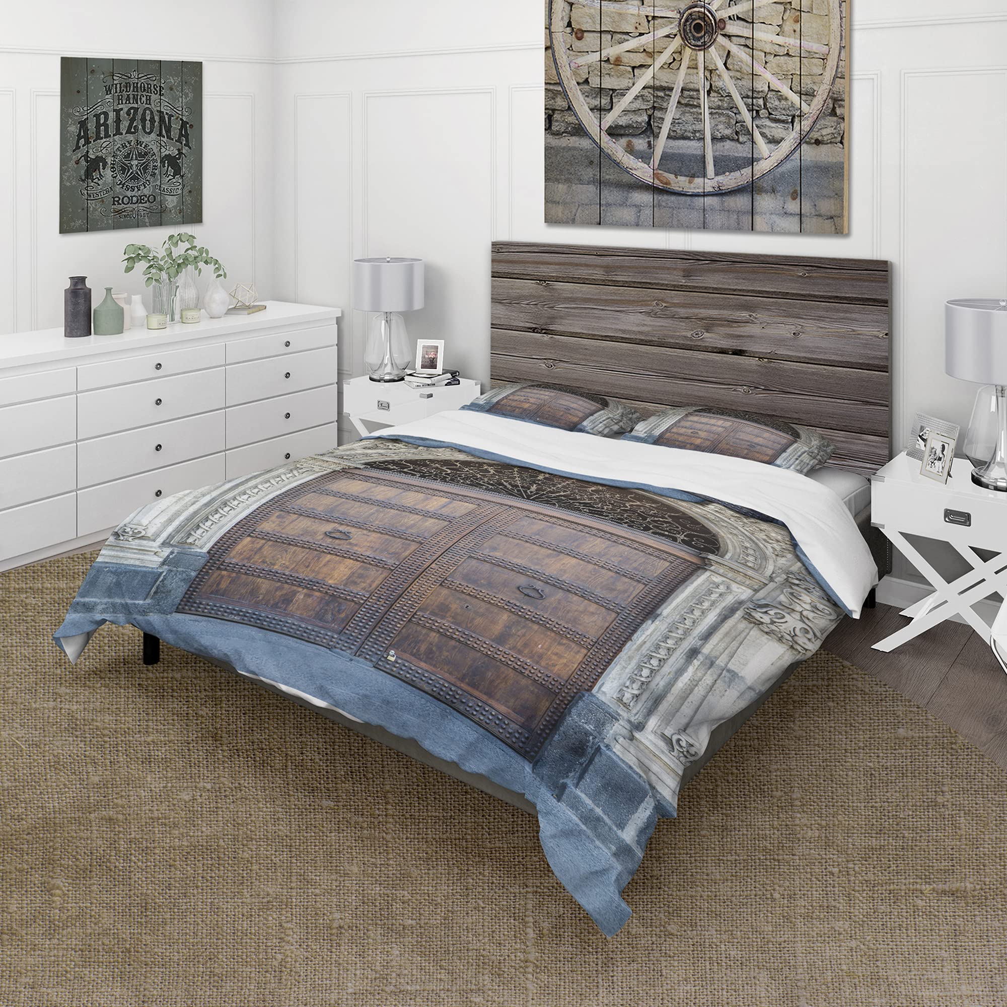DesignQ Vintage Italian Catania Old Door Print Duvet Cover Set - Brown Abstract Bedding 3-Piece Twin Size for All Seasons | Perfect for Boho Bedrooms, Guest Rooms & Cozy Home Decor