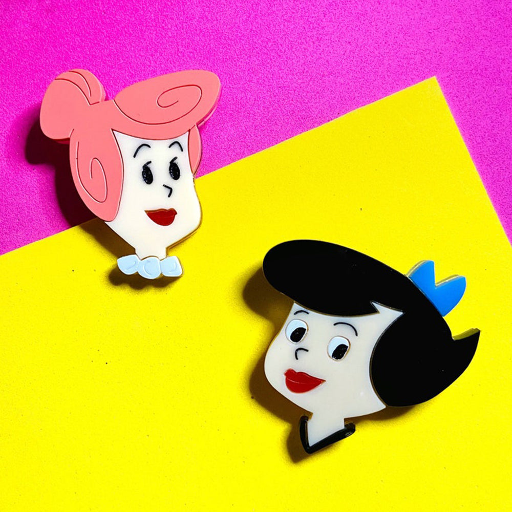 Betty & Wilma Cartoon Acrylic Brooch Pin - Vintage Flintstones Inspired Jewelry by Makokot Design - Perfect for Cosplay, Gift Giving & Fashion Accessories
