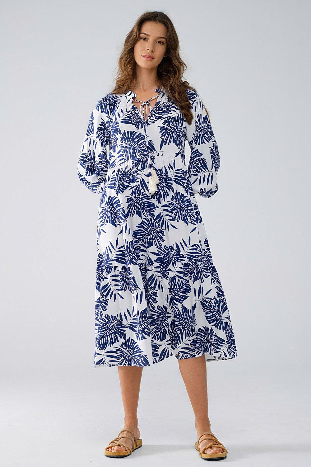 Boho Long Sleeve Balloon Robe with Dark Blue and White Leaf Print - Perfect for Beach Cover-Ups, Loungewear, and Boho Chic Outfits
