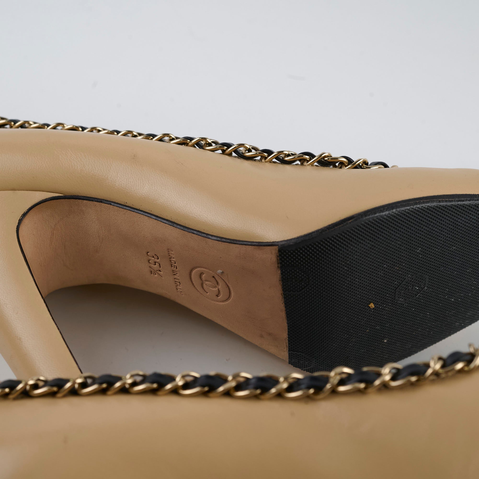 Chanel Beige Chain Cap Toe Pumps Women's Size 35.5 - Elegant Heels for Office, Party & Special Occasions