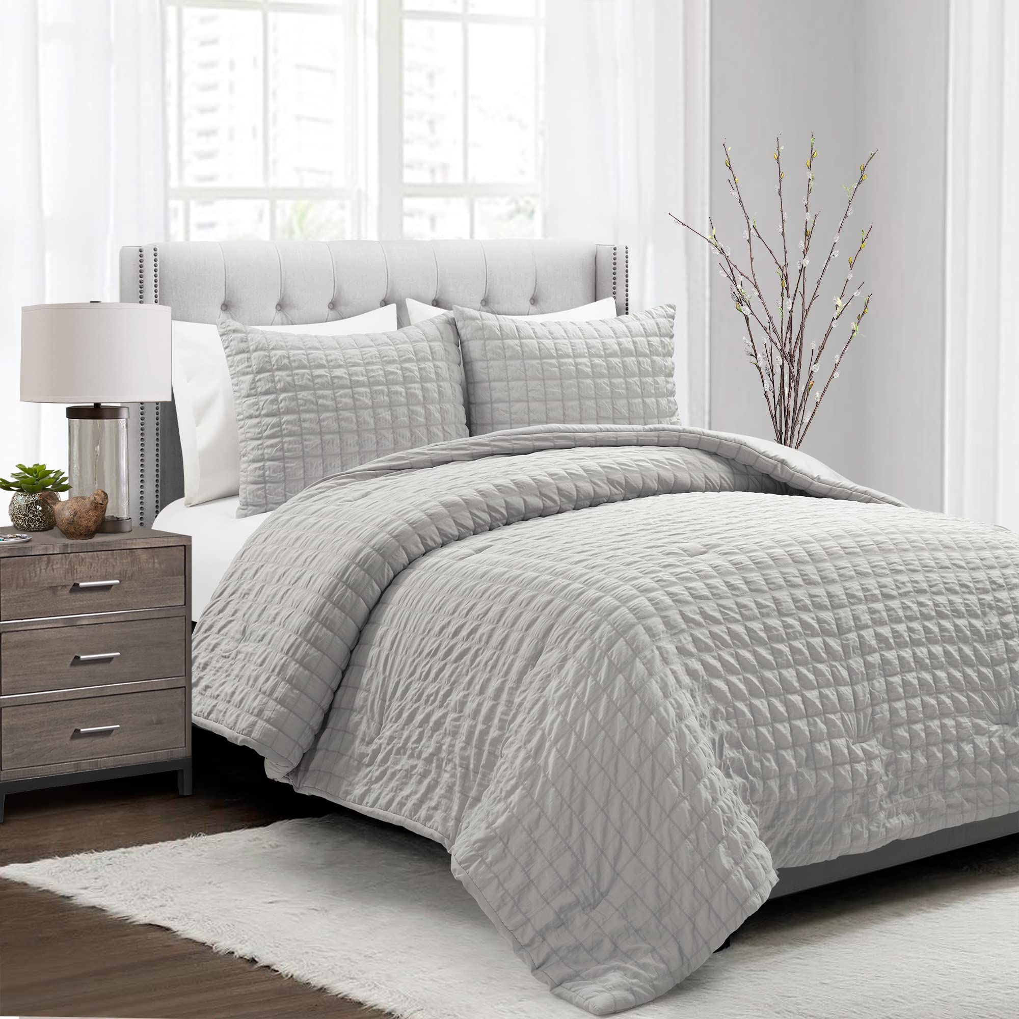 Lush Decor Crinkle Dobby Comforter Set - Full/Queen, Light Gray for Cozy Bedroom