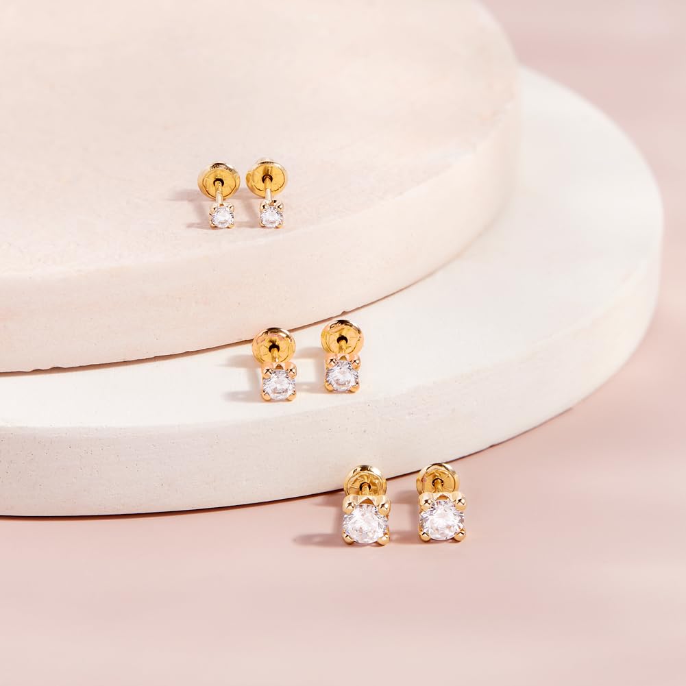 14K Yellow Gold Plated 2mm, 3mm, 5mm Cubic Zirconia Prong Set Screw Back Stud Earrings for Baby Girls - Hypoallergenic CZ Birthstone Simulated Earrings for Infants & Toddlers - Perfect for Baptism, Birthday Gifts & Special Occasions