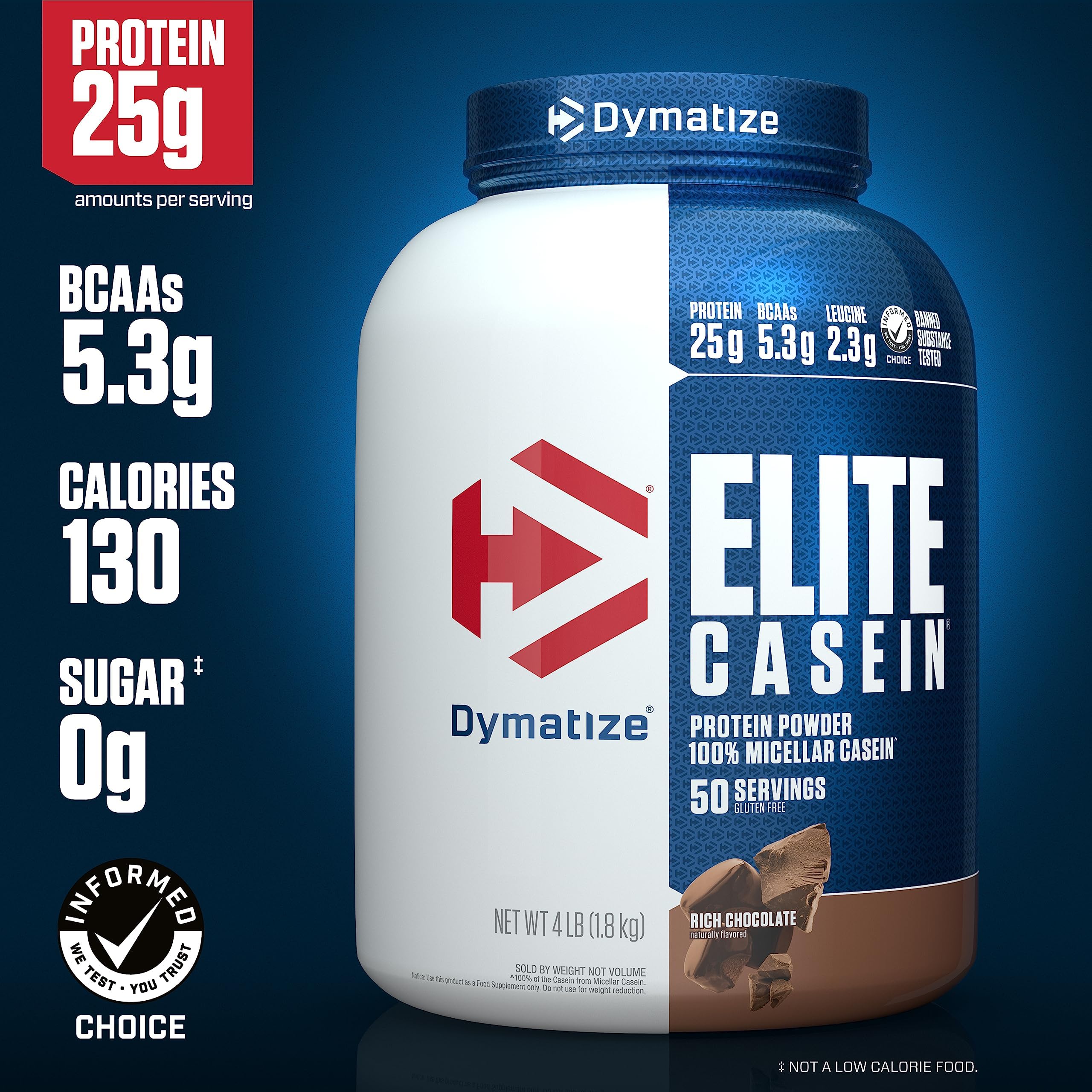 Dymatize Elite Casein Protein Powder - 25g Slow Digesting Protein with BCAAs & Leucine for Muscle Growth, Overnight Recovery & Post-Workout - Rich Chocolate Flavor, 4lb (1.81kg) - Perfect for Nighttime Use, Muscle Repair & Fitness Enthusiasts