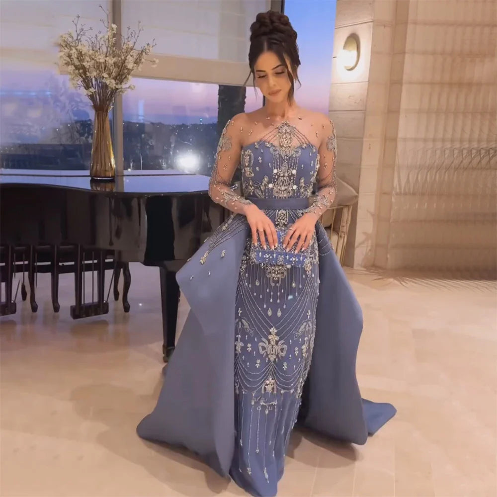 Luxury Dubai Elegant Blue Saudi Arabic Evening Gown with Overskirt - Crystal Beaded Formal Dress for Women - Perfect for Weddings, Galas & Special Occasions LA72757