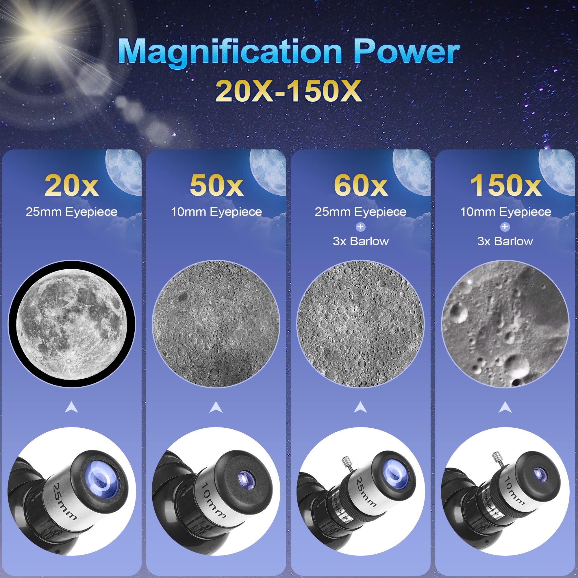 70mm Aperture 500mm Astronomical Telescope for Adults & Kids (25X-150X Magnification) - Portable Refractor Telescope with Smartphone Adapter for Moon, Planets & Stargazing - Perfect for Backyard Astronomy, Camping & Science Learning