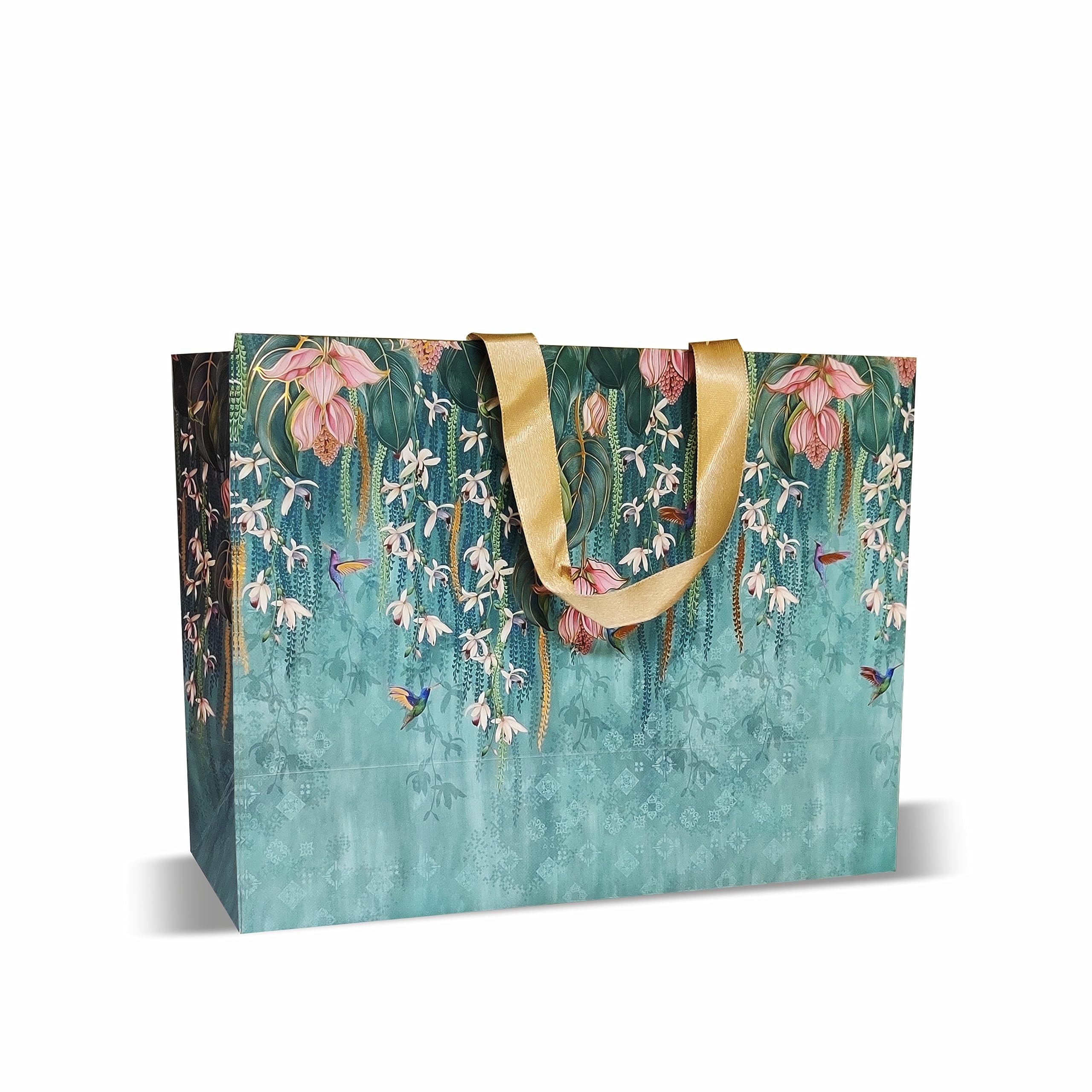 VESTTA Elegant Vintage Print Paper Gift Bags - Large 13x5.5x10 Inches - Matte Finish with Gold Stamping - Pack of 5 - Premium Gift Bags for Birthdays, Weddings & Holidays - Includes Gift Tags