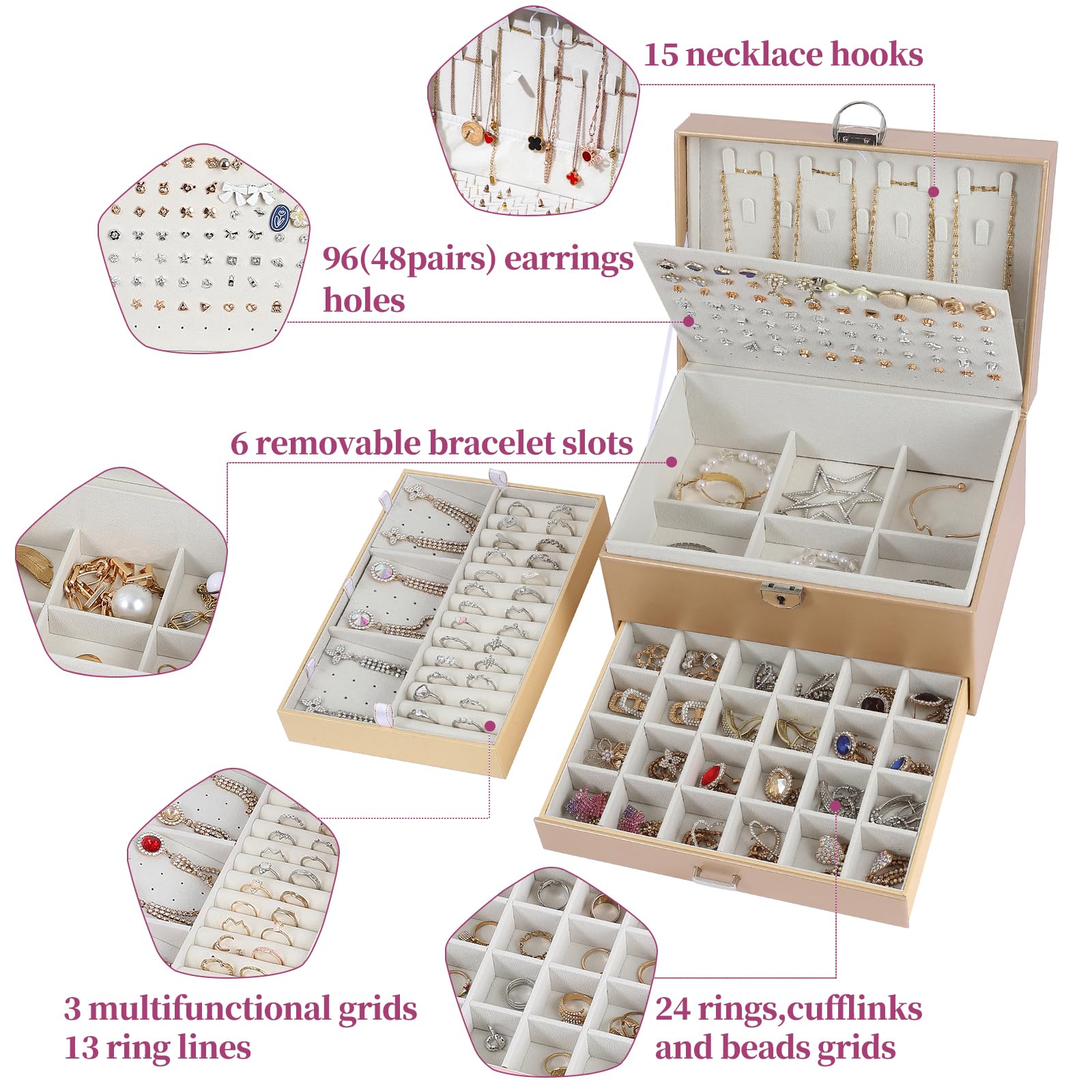 5-Layer Jewelry Organizer Box with Lock - Earring, Necklace & Ring Storage for Women & Girls - Perfect for Travel, Gifts & Home Decor (Champagne)