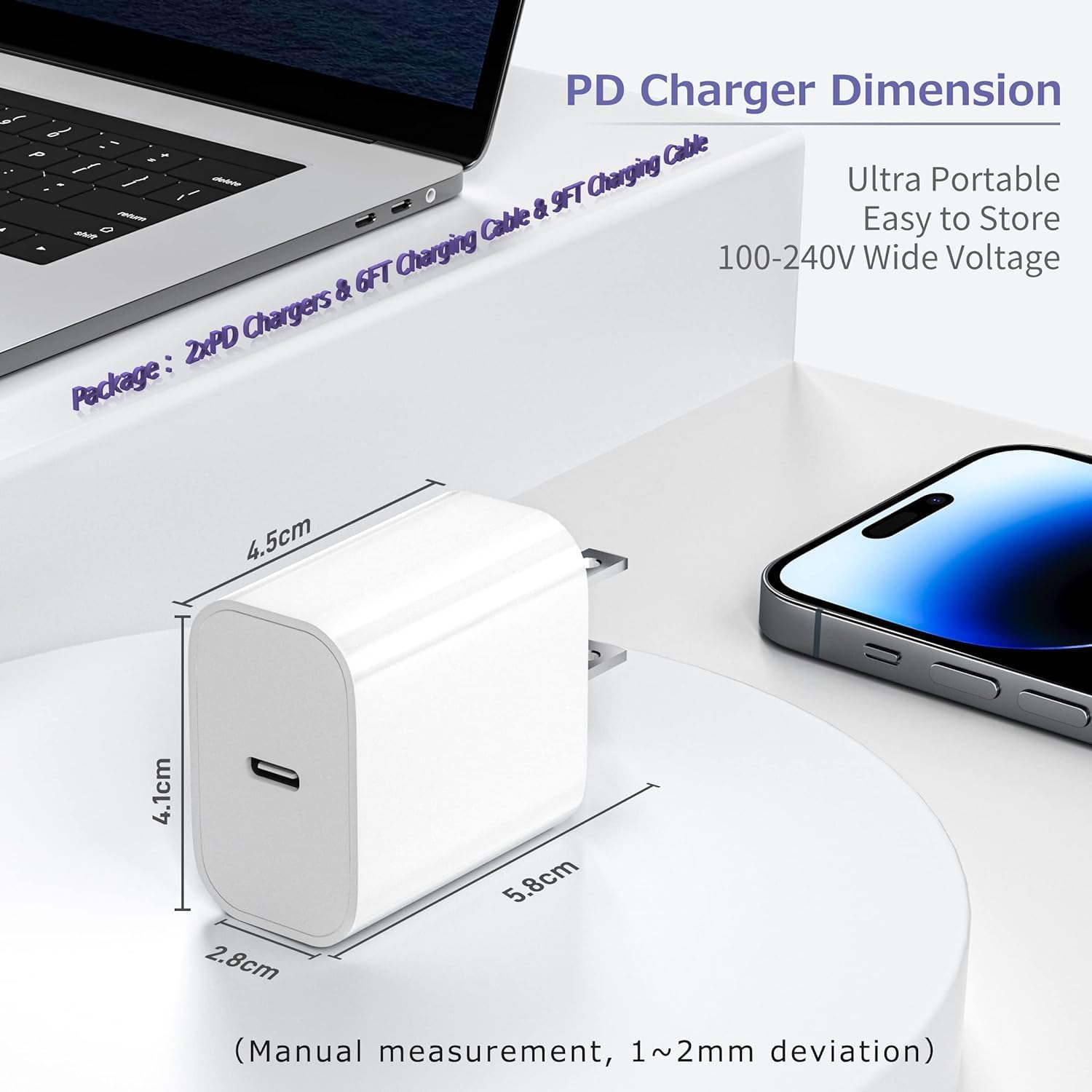 20W USB C Fast Charger with 10FT MFi Certified Lightning Cable - 2 Pack PD Wall Charger for iPhone 14/13/12/11 Pro/X/XR/XS Max/9 Plus - Perfect for Home, Office & Travel Charging