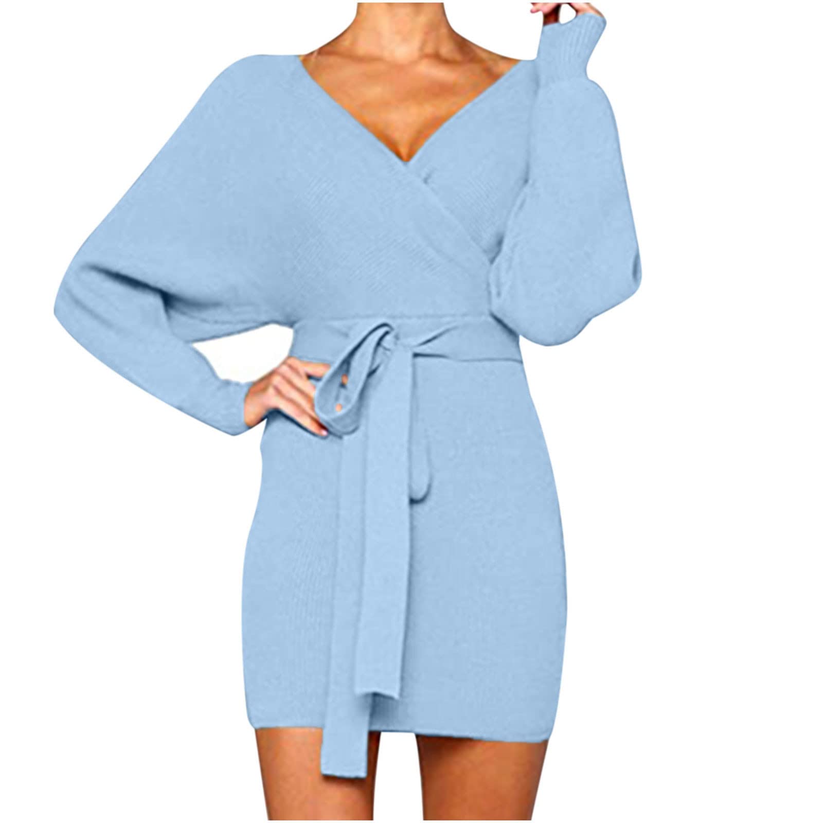 Sexy Women's Tie Waist Bodycon Dress - V-Neck Long Sleeve Mini Sheath Dress for Club, Cocktail Party & Night Out | Perfect for Date Night, Girls Night & Special Occasions