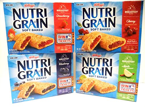 Kellogg's Nutri-Grain Soft Baked Breakfast Bars Variety Pack - Strawberry, Cherry, Apple & Blueberry (4 Boxes, 8 Bars Each, 10.4 oz) | Healthy On-The-Go Snacks for Kids & Adults | Perfect for Breakfast, Lunch Boxes & Hiking
