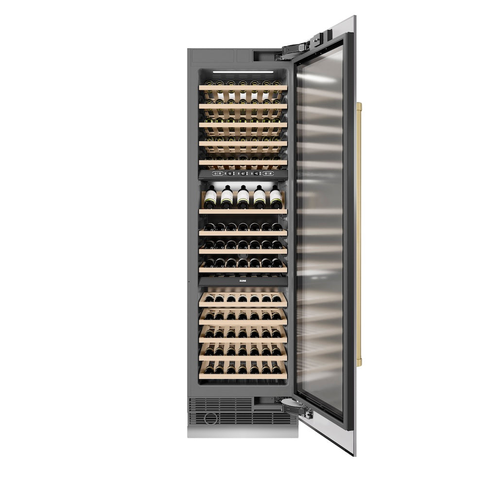ZLINE Autograph Edition 24-Inch 12.4 cu ft Triple Zone 100 Bottle Stainless Steel Wine Cooler with Champagne Bronze Accents - Perfect for Home Bars, Wine Cellars, and Entertaining Spaces (RCWVZ 304 24 CB)