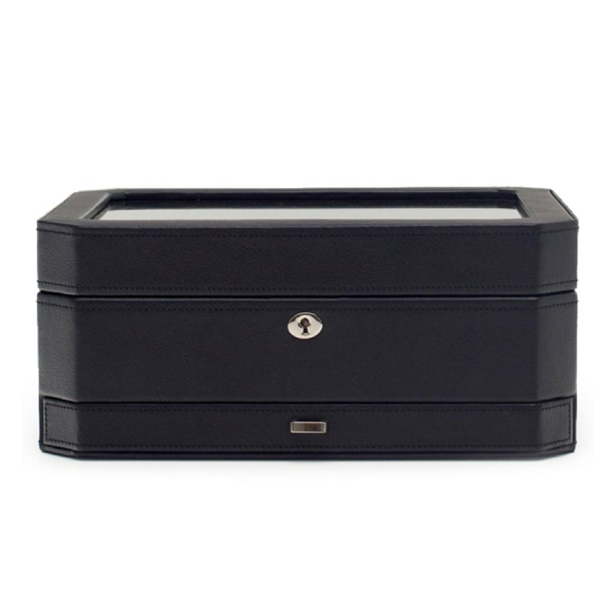 Premium WOLF Windsor 10-Piece Watch & Jewelry Organizer Box with Drawer - Black Vegan Leather Watch Case with 10 Watch Slots, 8 Ring Rolls & 17 Jewelry Compartments - Perfect for Travel, Gift & Luxury Watch Storage