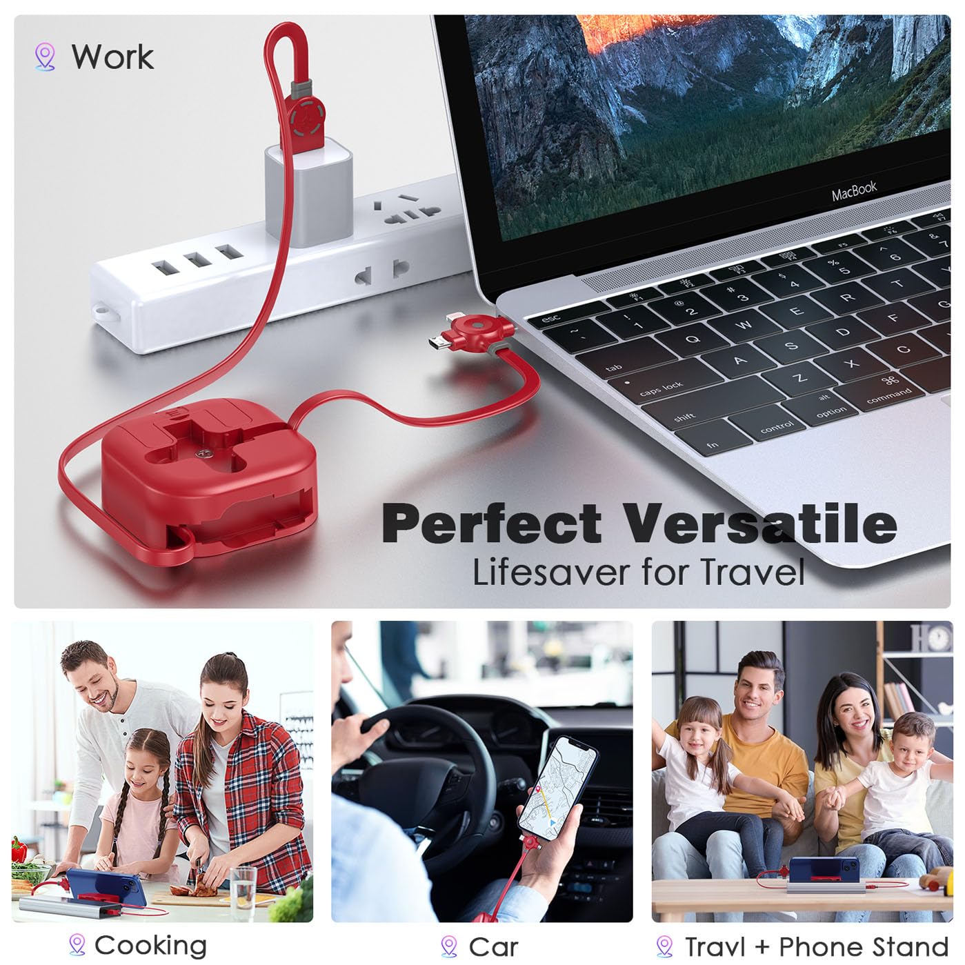 3-in-1 Retractable Multi Charging Cable (1.2m) - Fast Charging with Lightning/Type-C/Micro USB for iPhone, Android, iPad, Galaxy, PS4, Tablets - Perfect for Travel, Home & Office Use