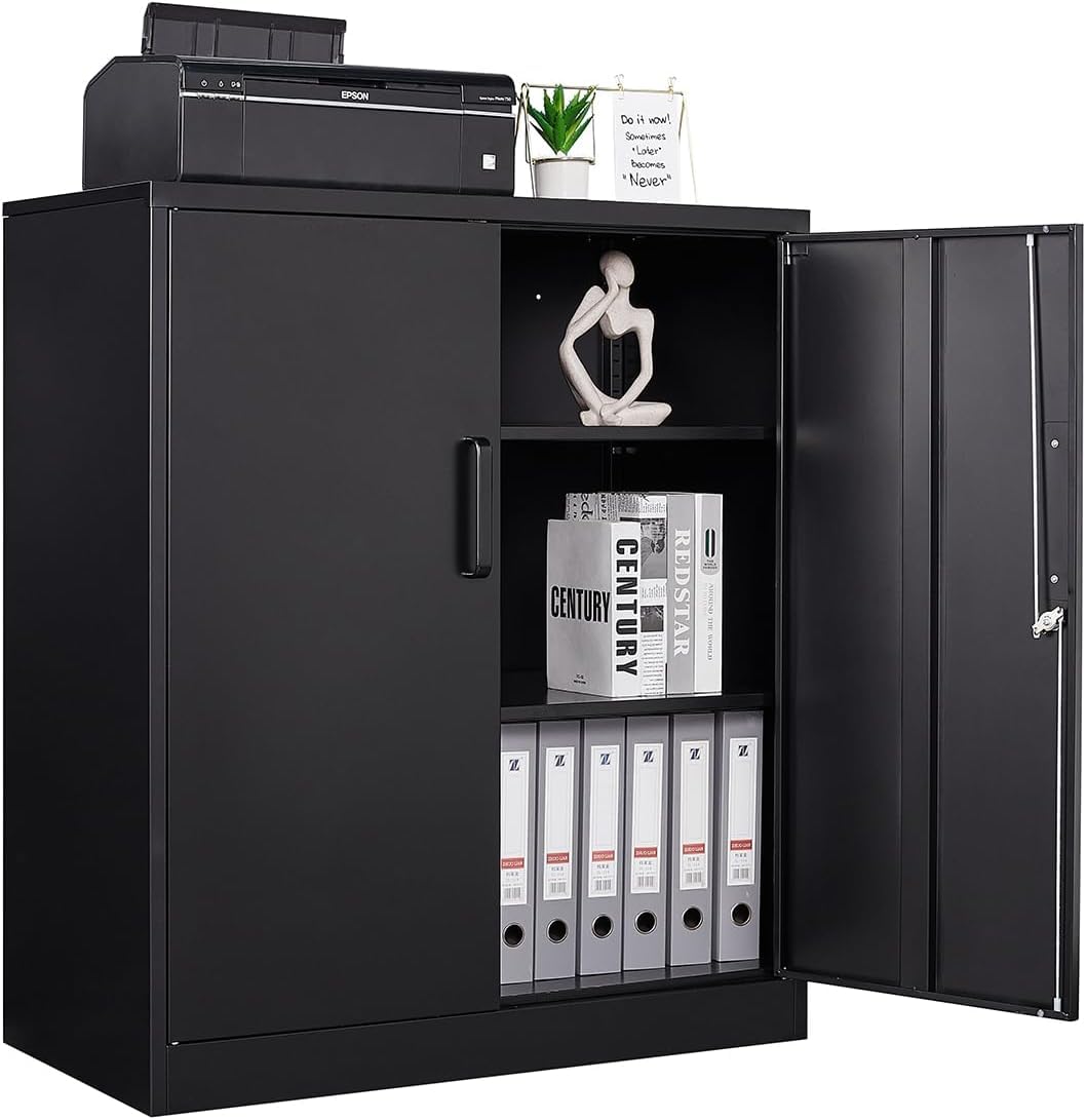 Lockable Metal Storage Cabinet with 2 Adjustable Shelves - Black Steel Office & Tool Cabinet for Home, Garage, Hallway | Secure Storage for Documents, Tools & Supplies