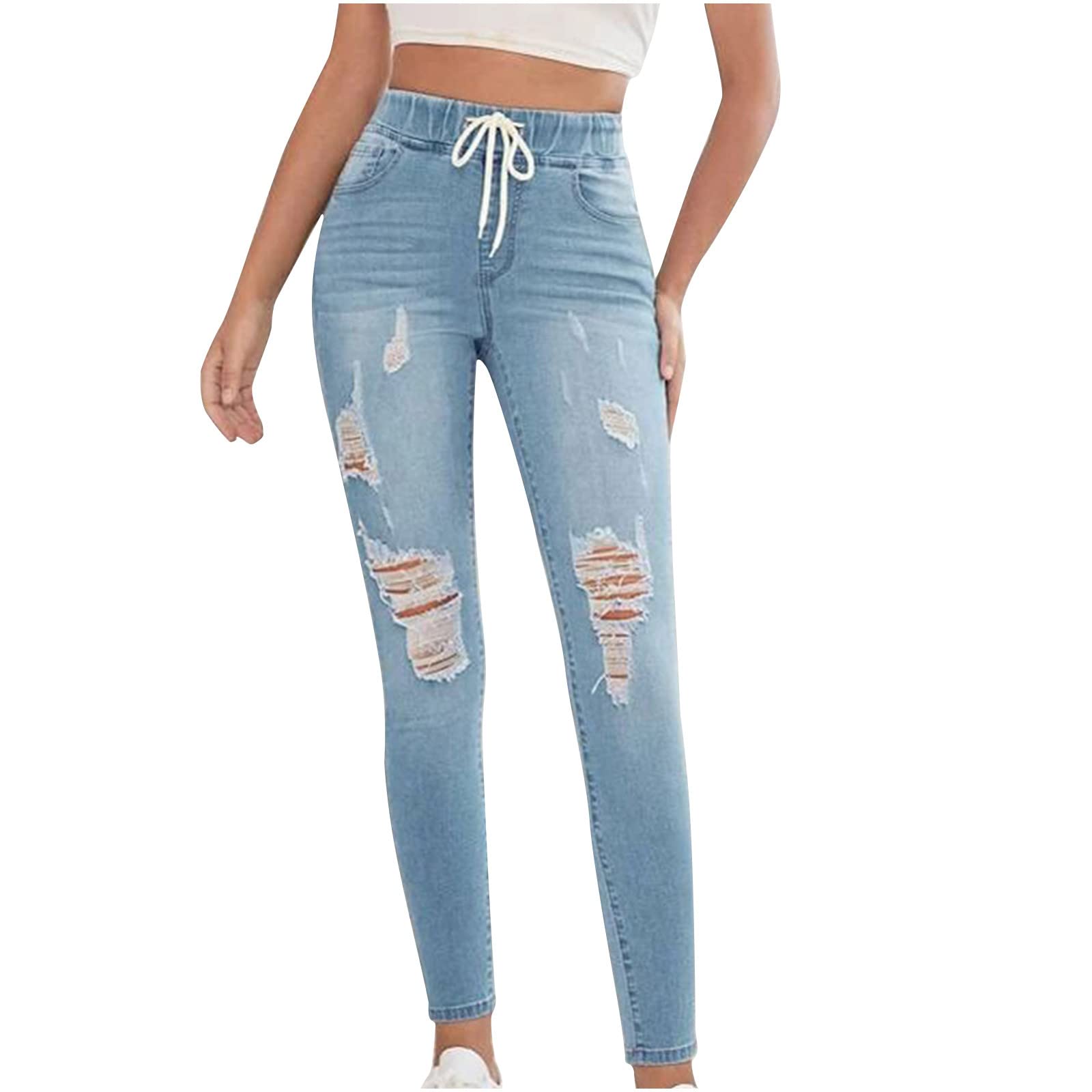 SHENGXINY Women's Ripped Jeans with Bandage Zipper Pockets - Casual Denim Flare Wide Leg Pants for Streetwear & Night Out Fashion