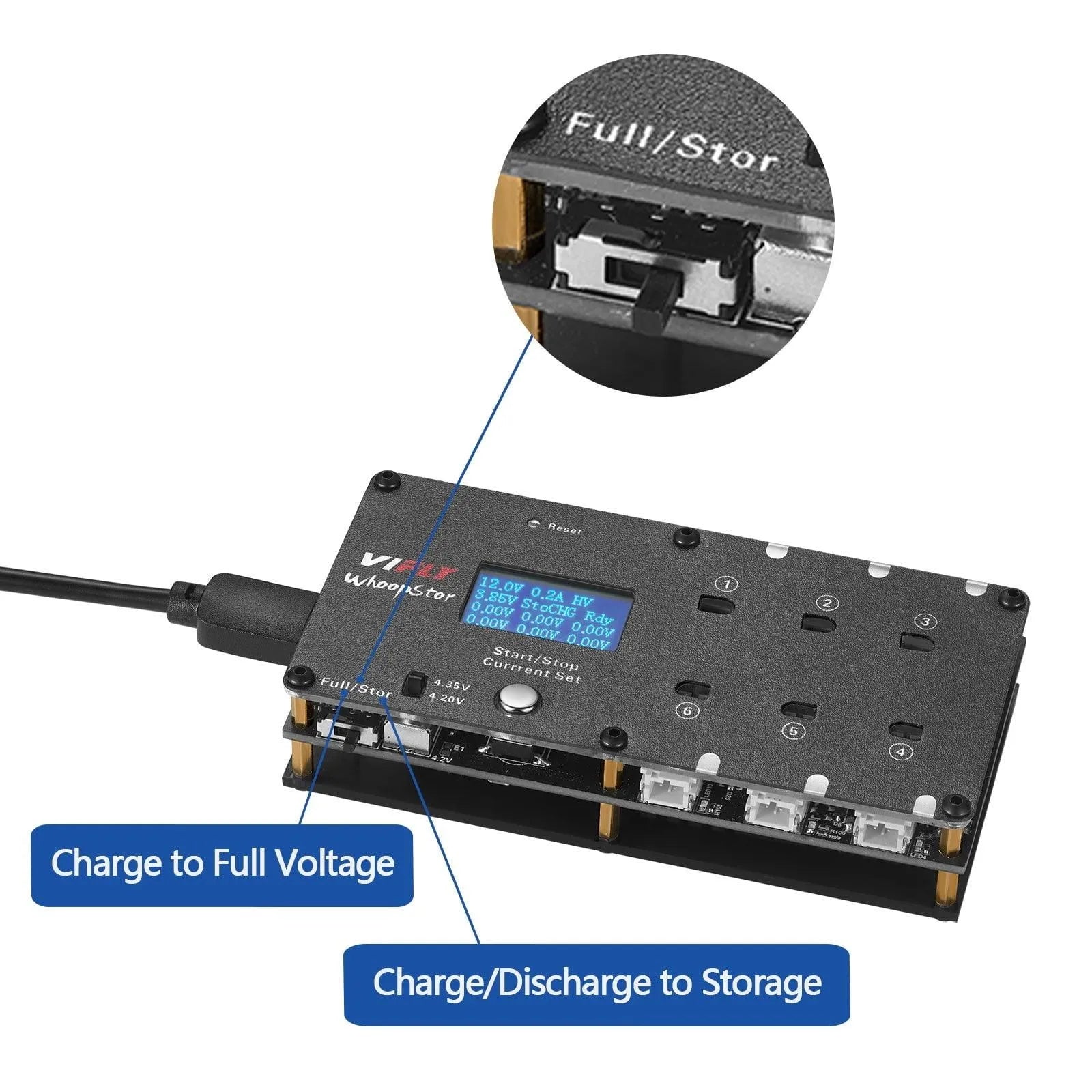 VIFLY Whoopstor V2 1S LiPo/LiHV 6-Channel Battery Charger & Discharger - DC/USB-C Input - Compatible with BT2.0 & PH2.0 Connectors - Perfect for FPV Drone Racing and RC Hobby Charging