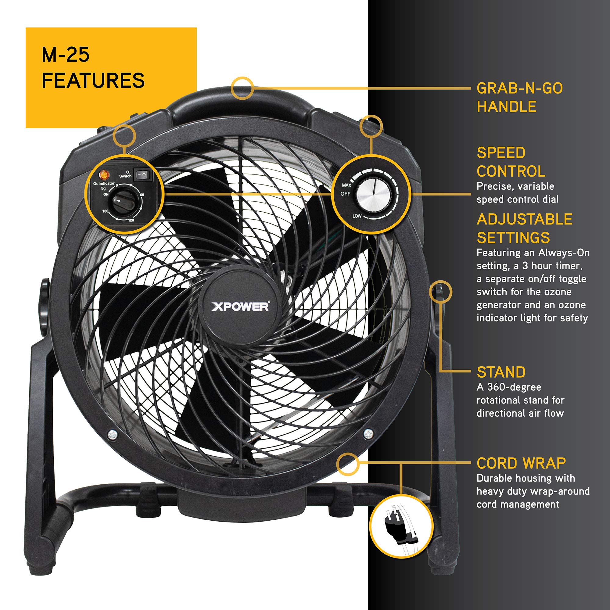 XPOWER M-25 Commercial Ozone Generator Fan - High Capacity Air Mover with Ozone Sanitization for Large Areas - Odor Removal & Air Purification for Warehouses, Gyms, and Restaurants