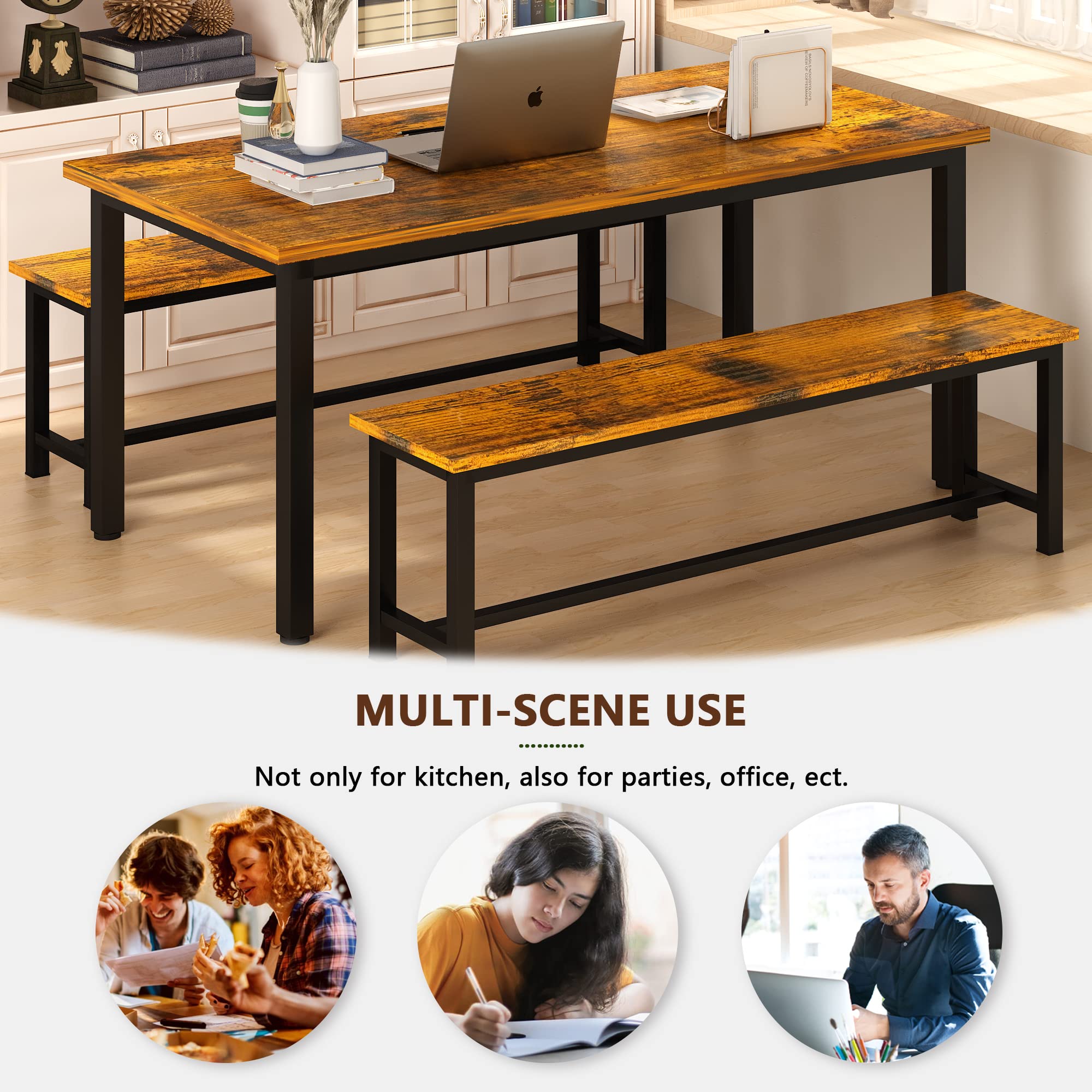 Lamerge 4-Person Kitchen Dining Table Set with 2 Benches - Rustic Brown Space Saving Design 43.3