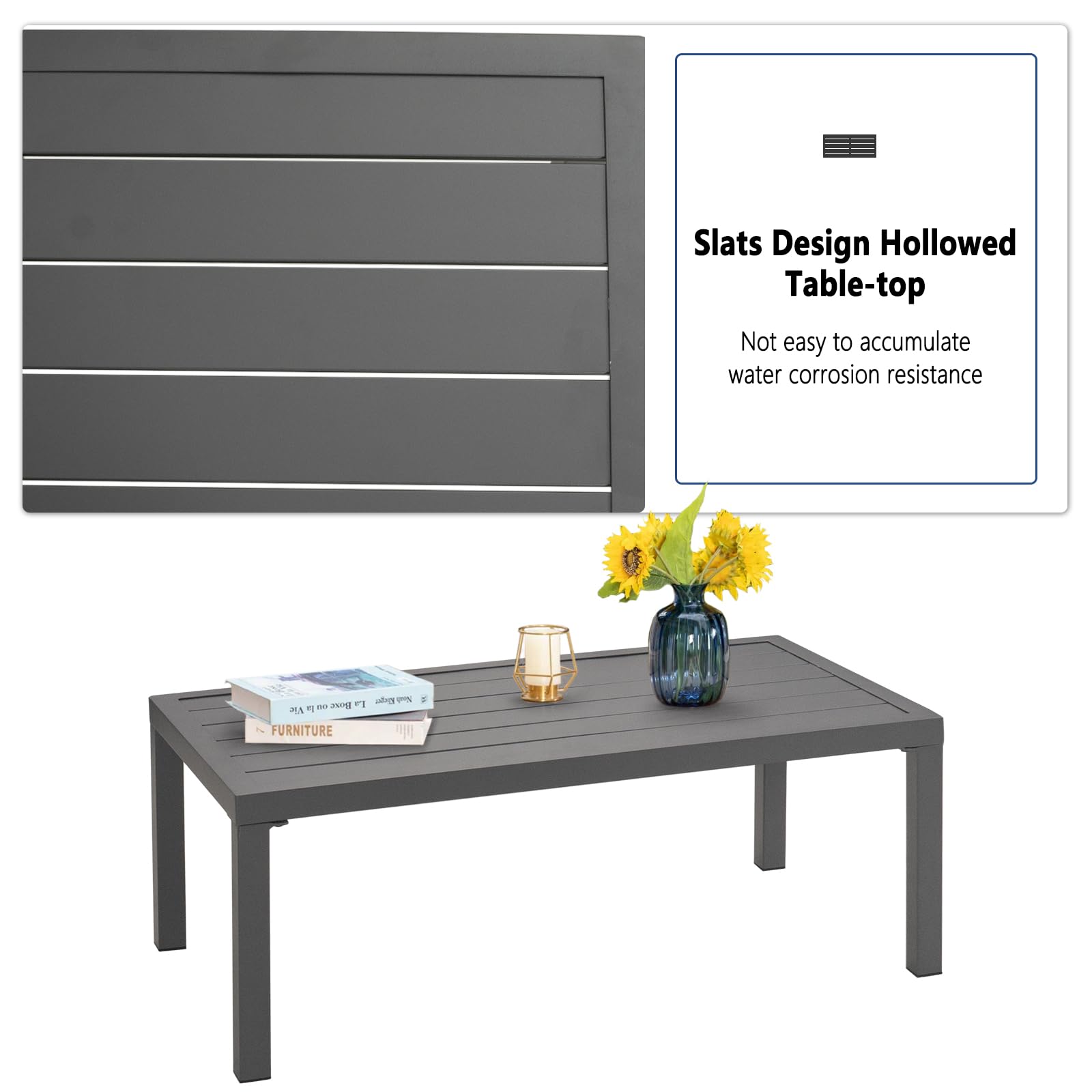 4-Piece Cast Aluminum Outdoor Patio Furniture Set - Modern Grey Metal Frame Sectional Sofa with Blue Cushions & Coffee Table - Perfect for Garden, Backyard, Poolside & Terrace Relaxation