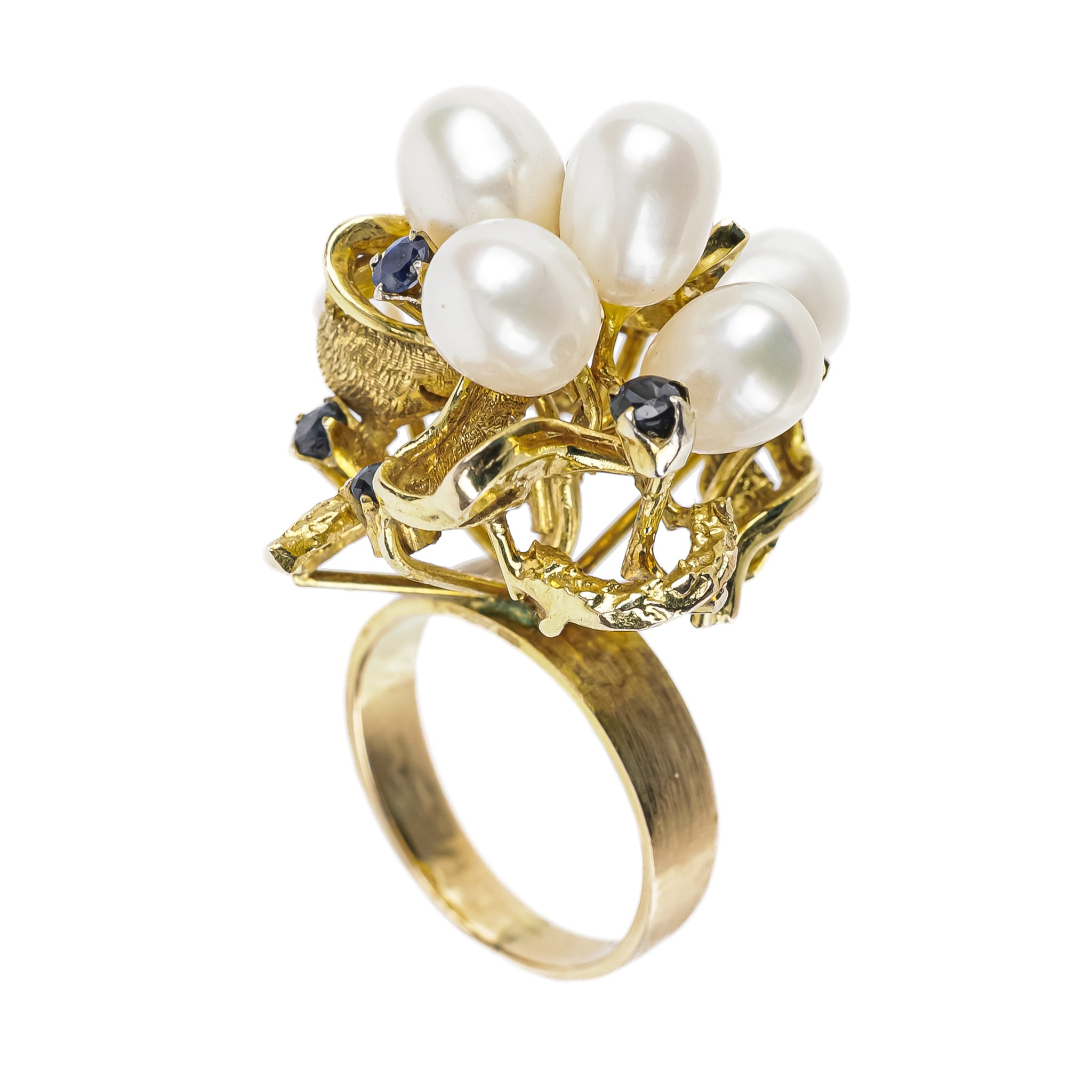 14K Yellow Gold Pearl & Sapphire Cluster Ring for Women - Elegant Vintage Style Jewelry Gift for Anniversary, Engagement & Special Occasions