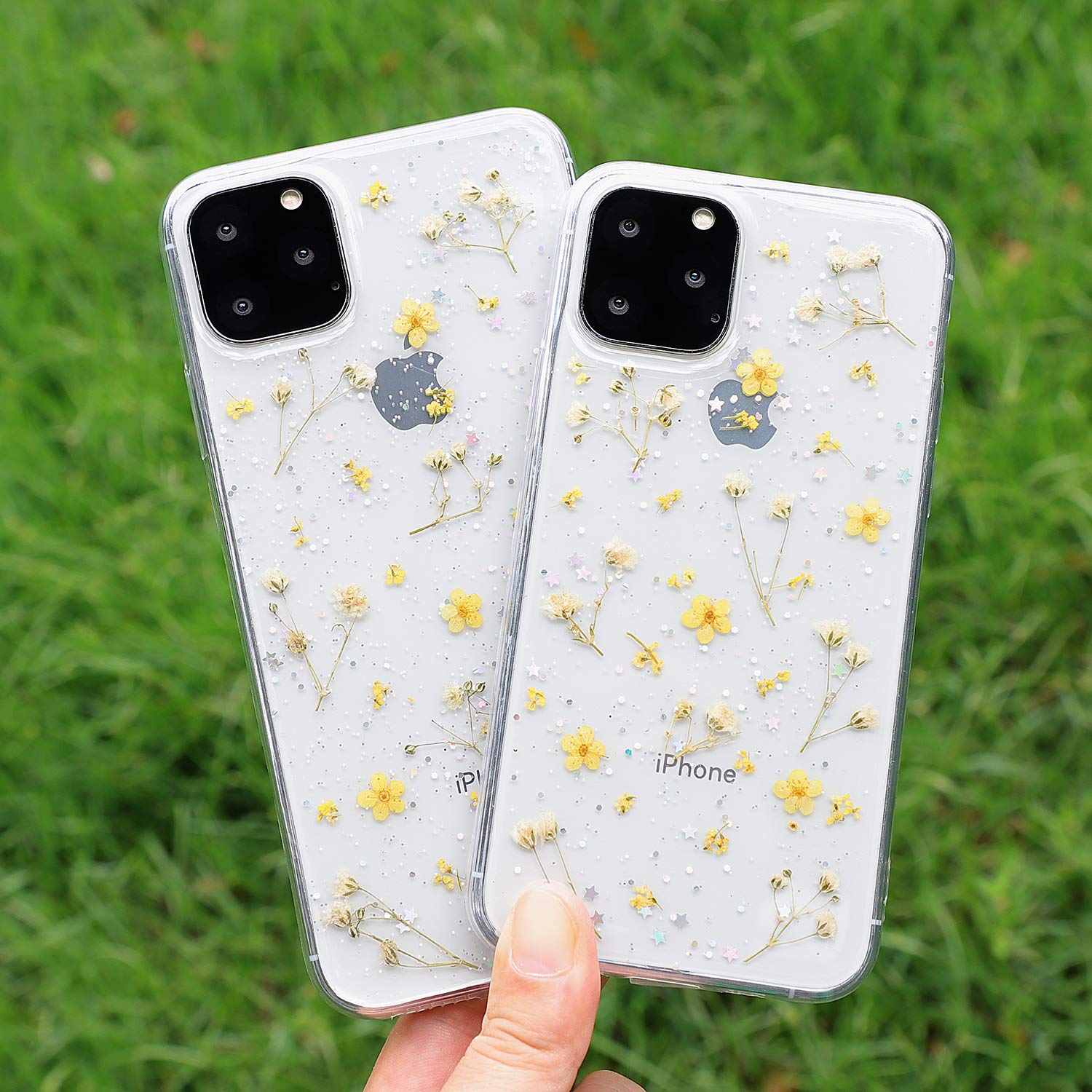 Premium Clear Floral iPhone 15 Case with Real Pressed Flowers - Soft Rubber Glitter Phone Cover for Women (Yellow) | Trendy Protective Case for Everyday Use & Special Occasions