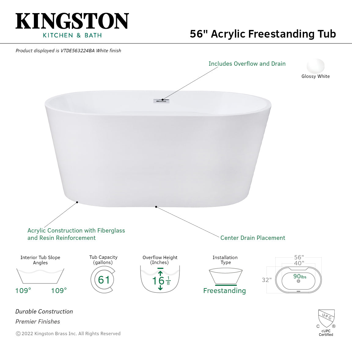 Aqua Eden 56 Inch Acrylic Oval Freestanding Bathtub - Glossy White Double Ended Soaking Tub with Drain | Modern Bathroom Luxury for Spa-Like Relaxation at Home