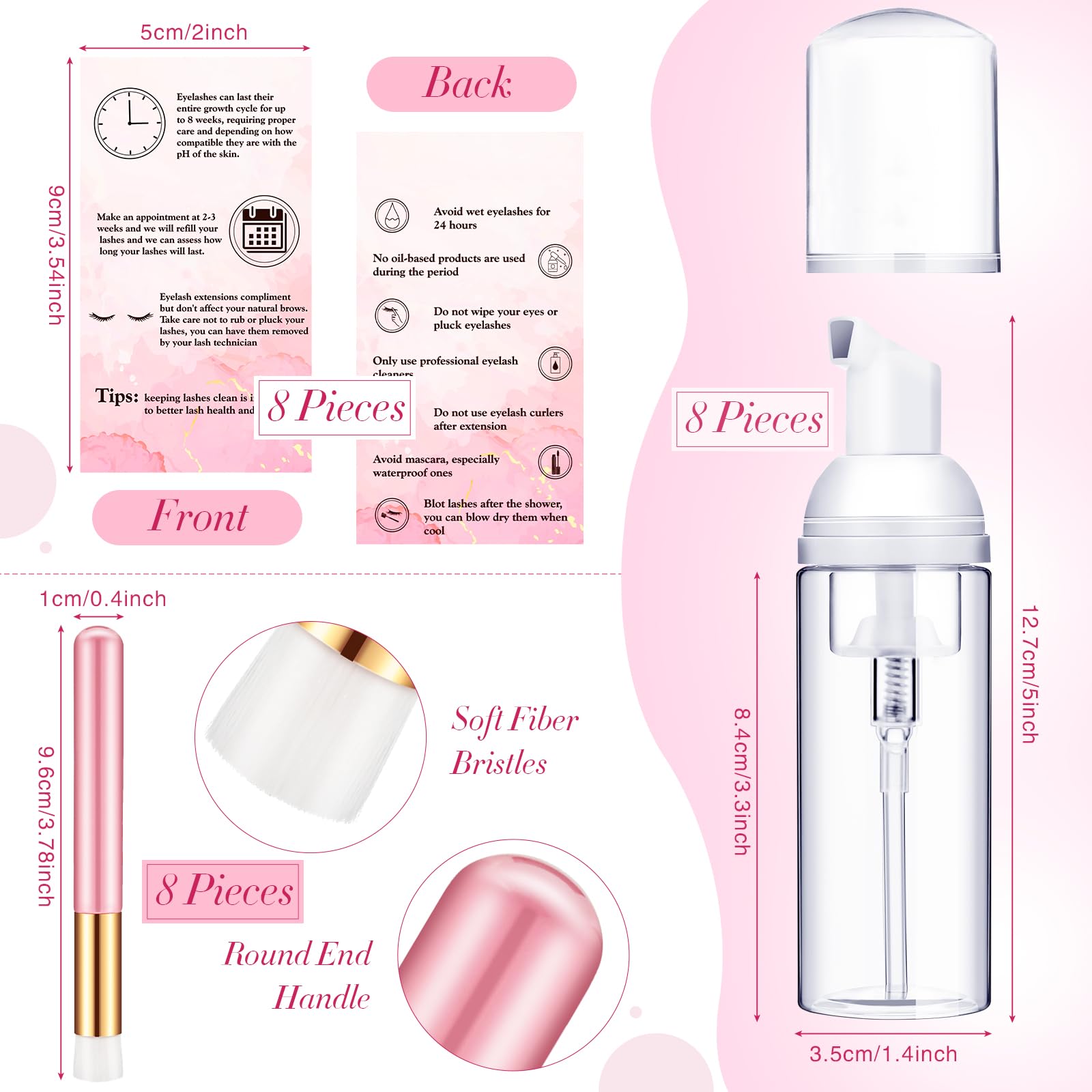 8 Pcs Lash Shampoo Brushes Set with Eyelash Aftercare Kit - Includes 8 Disposable Mascara Brushes, Foam Pump Bottles & Extension Care Cards | Eyelash Extension Aftercare Accessories for Professional & Home Use | Perfect for Salons, DIY Lash Extensions & Makeup Artists
