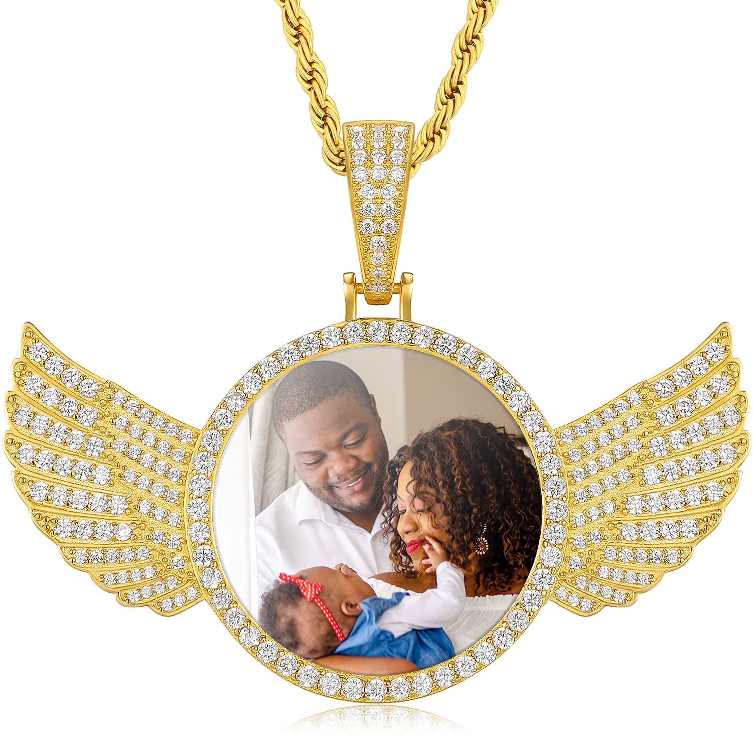 Custom 925 Sterling Silver Winged Photo Necklace - Personalized Memorial Pendant for Women & Men - Hip Hop Jewelry with Image - Iced Out Picture Chain - Perfect Gift for Anniversaries, Birthdays & Memorials (Includes Gift Box)
