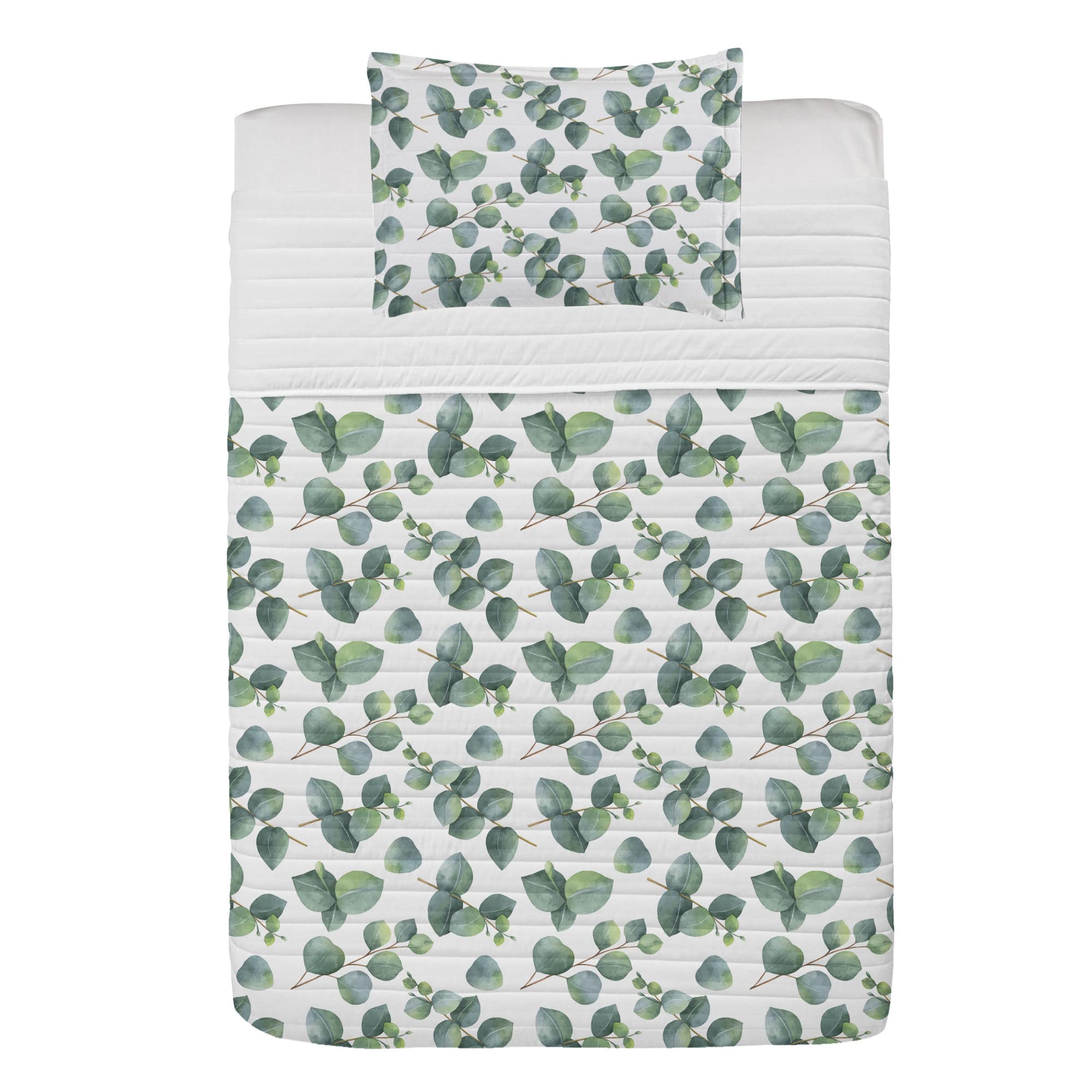 Ambesonne Leaf Microfiber Bedspread Set - Watercolor Eucalyptus Leaves & Branches Design, Soft Twin Size Bedding with Pillow Sham & Comforter in Green Pale Brown White | Perfect for Bedroom Decor, Guest Room, Dormitory, and Cozy Home Styling