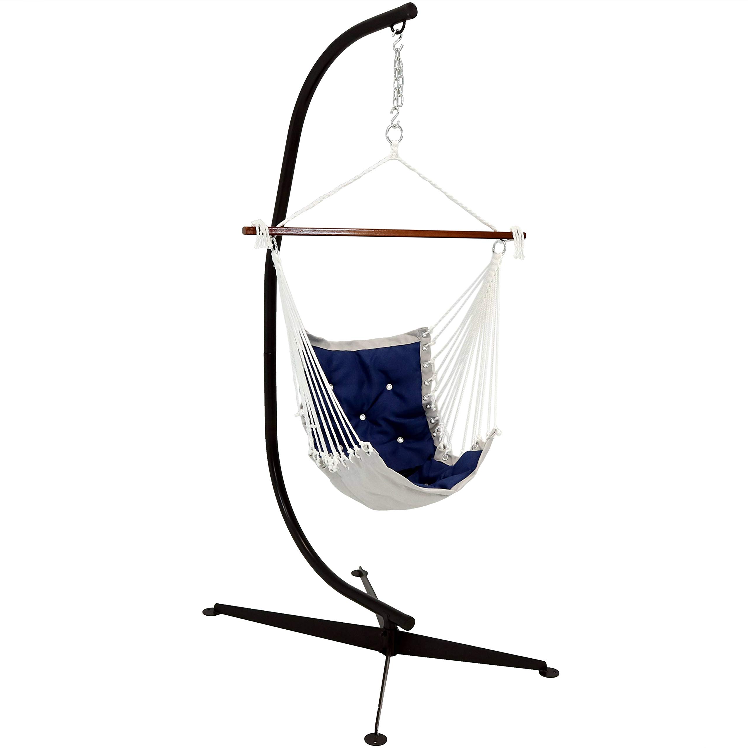 Sunnydaze Tufted Victorian Hammock Chair Swing with Steel C-Stand - 300lb Weight Capacity - Black Stand & Navy Blue Fabric - Perfect for Porch, Patio, Garden, and Indoor Relaxation