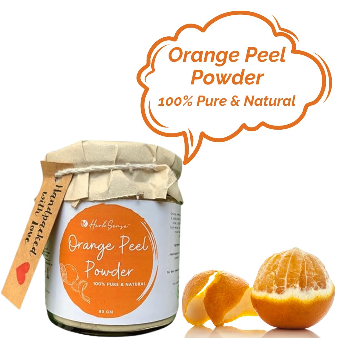 Herbsense 100% Natural Orange Peel Powder for Glowing Skin - Tan Removal, Sunburn Relief, Acne Scar Treatment & Oil Control | Chemical-Free Face Mask & Face Pack in Glass Jar (80g) | Perfect for Daily Skincare Routine & Spa Treatments
