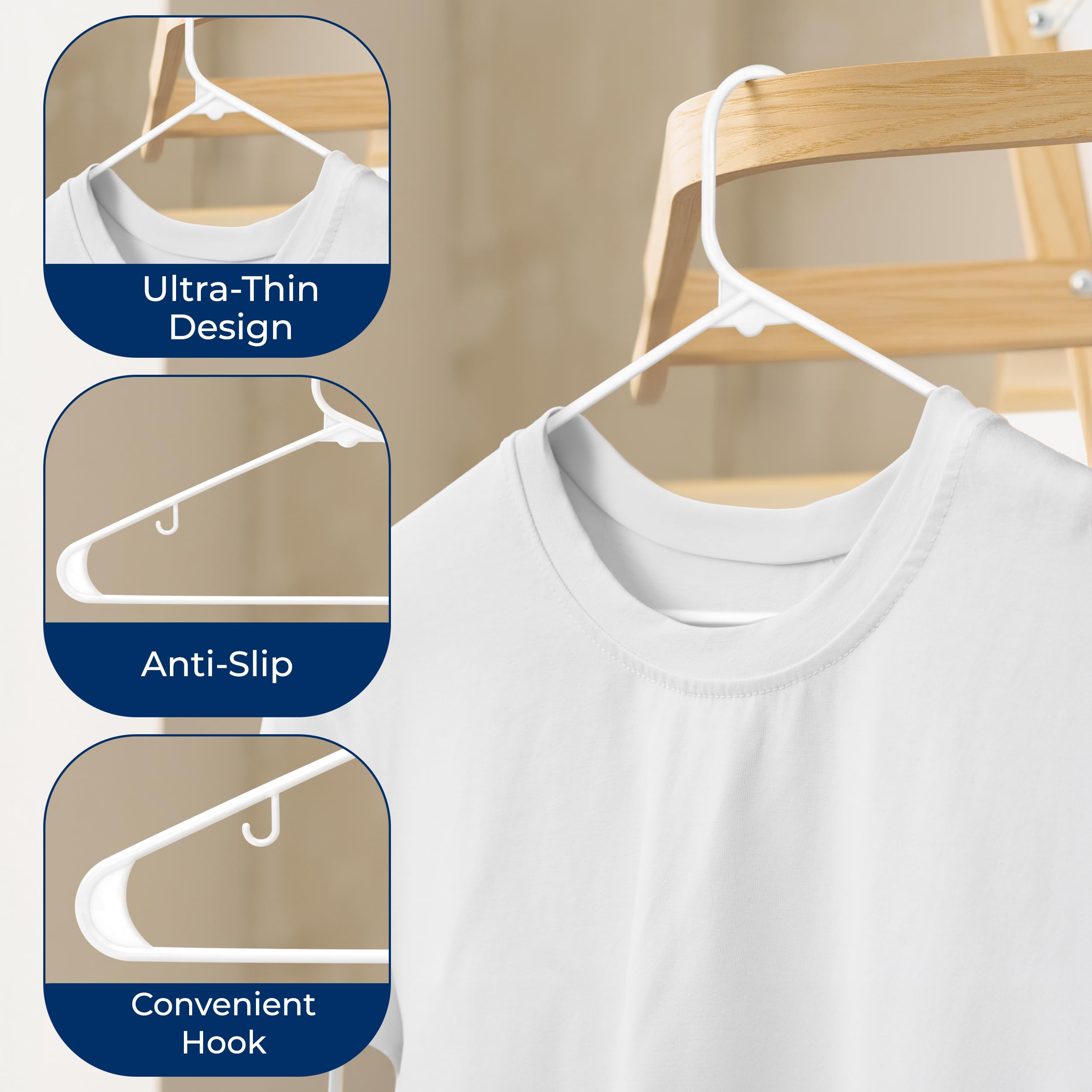 SereneLife 200 Pack White Plastic Hangers - Heavy Duty Closet Organizers with Non-Slip Design & Built-in Strap Hooks - Space Saving Tubular Clothes Hangers for Wardrobe, Laundry Room, and Retail Stores