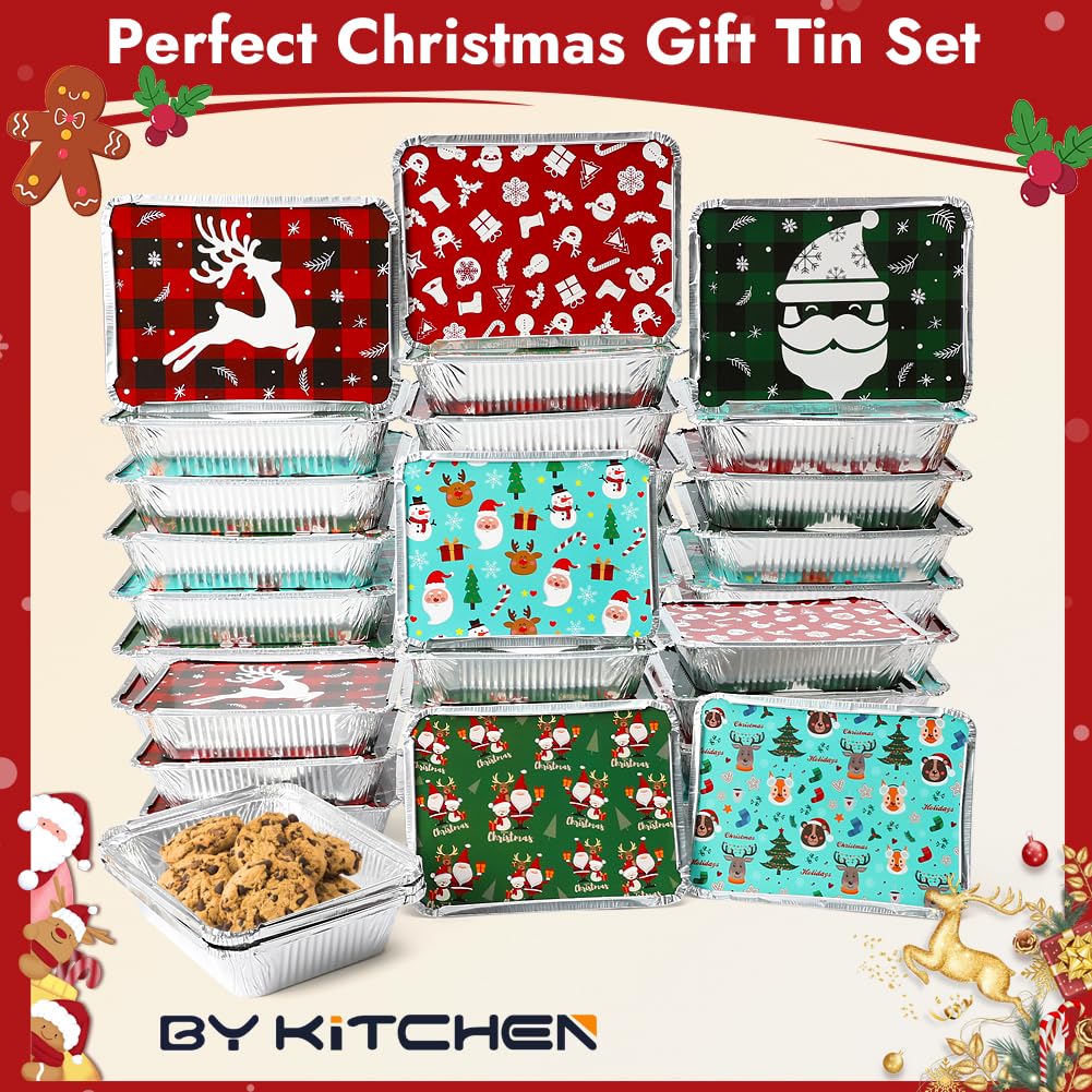 BYKITCHEN 30-Pack Christmas Aluminum Baking Pans with Lids - 8.4x6.1 Inch Rectangular Disposable Foil Cookie, Candy & Treat Containers for Holiday Food Storage, Gift Giving & Party Favors - Perfect for Christmas Baking, Cookie Exchanges & Holiday Treat Packaging