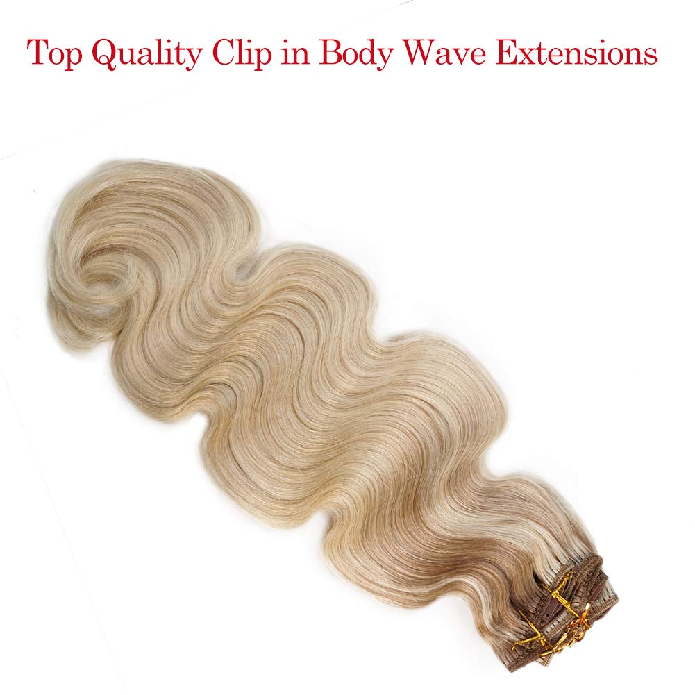18 Inch Ombre Clip-in Human Hair Extensions - Body Wave Double Weft 100% Real Human Hair - Golden Brown to Bleach Blonde Curly Thick Hair Pieces (140g, 8 Pcs Full Head) - Perfect for White Women for Daily Styling, Parties & Special Occasions