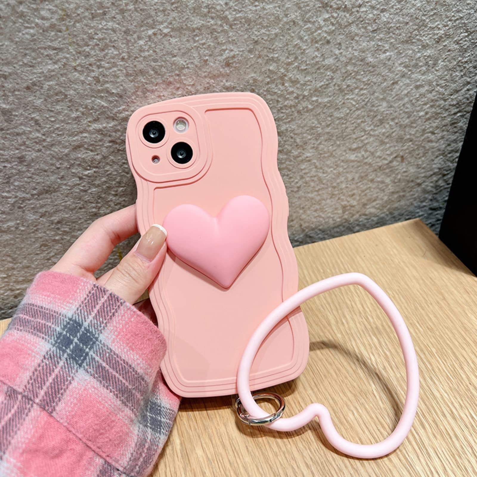 Pink Heart Phone Case for iPhone 14 Pro - Cute 3D Big Love Heart Design with Curly Wave Shape & Matching Bracelet | Perfect Gift for Women & Girls | Valentine's Day, Anniversary, Birthday Present