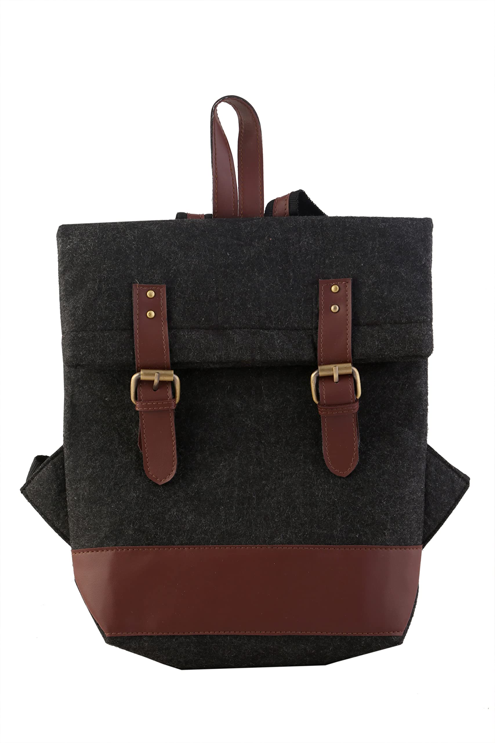 Vintage Designer Slim Backpack for Men & Women - Black Felt & Vegan PU Leather Shoulder Bag with Adjustable Straps - 17 Inch Day Bag for Office, Work, Travel & Weekend (Charcoal Black) - Perfect for Commuting, Business Trips & Casual Outings