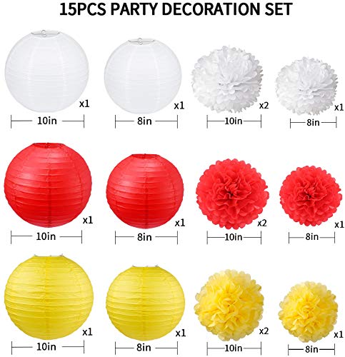 Vibrant Red, White & Yellow Hanging Paper Lanterns & Pom Poms - Party Decor Set for Birthday, Graduation, Baby Shower | Perfect for Indoor/Outdoor Celebrations & Festive Home Decor