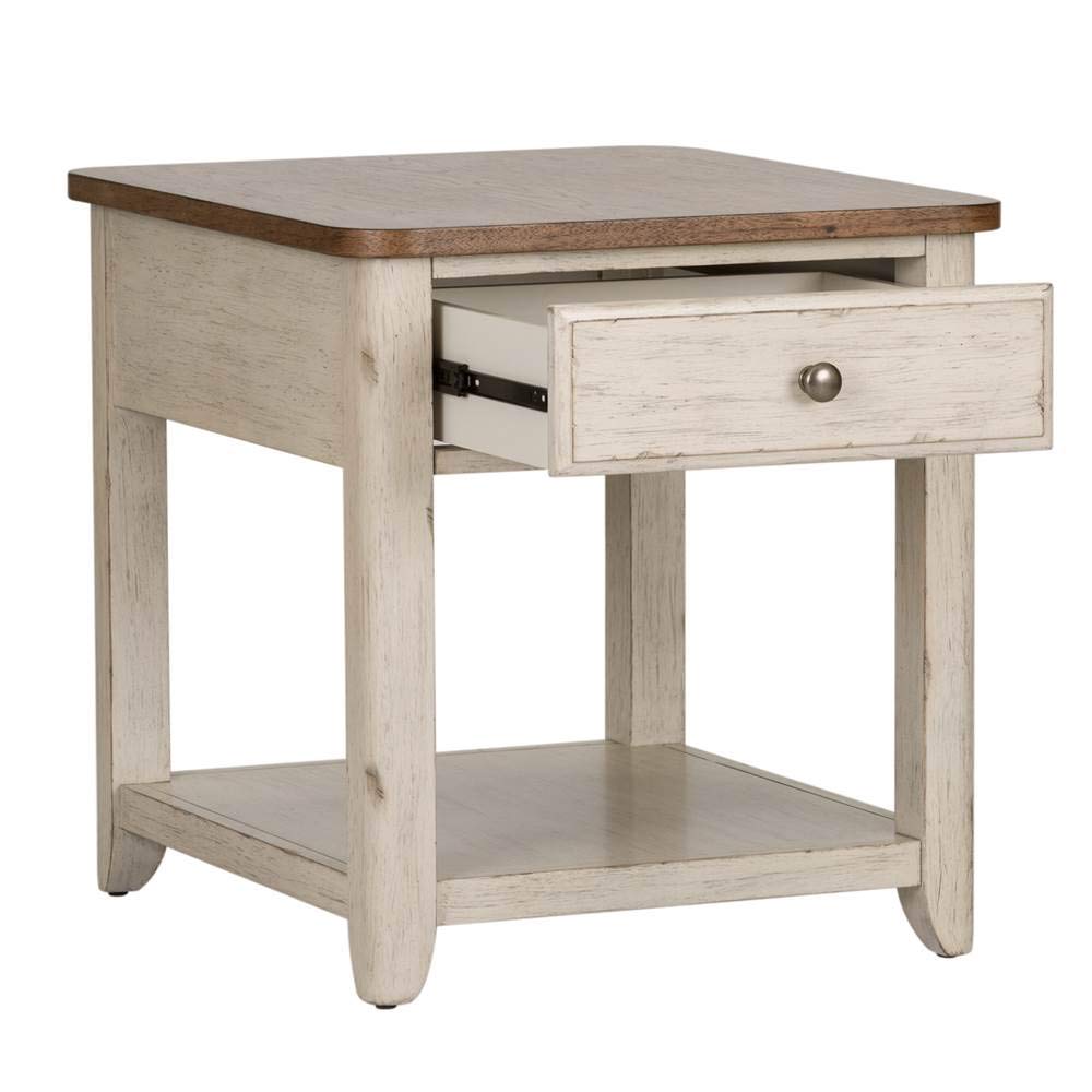 Farmhouse Style End Table with Storage Basket - White Distressed Finish - 24