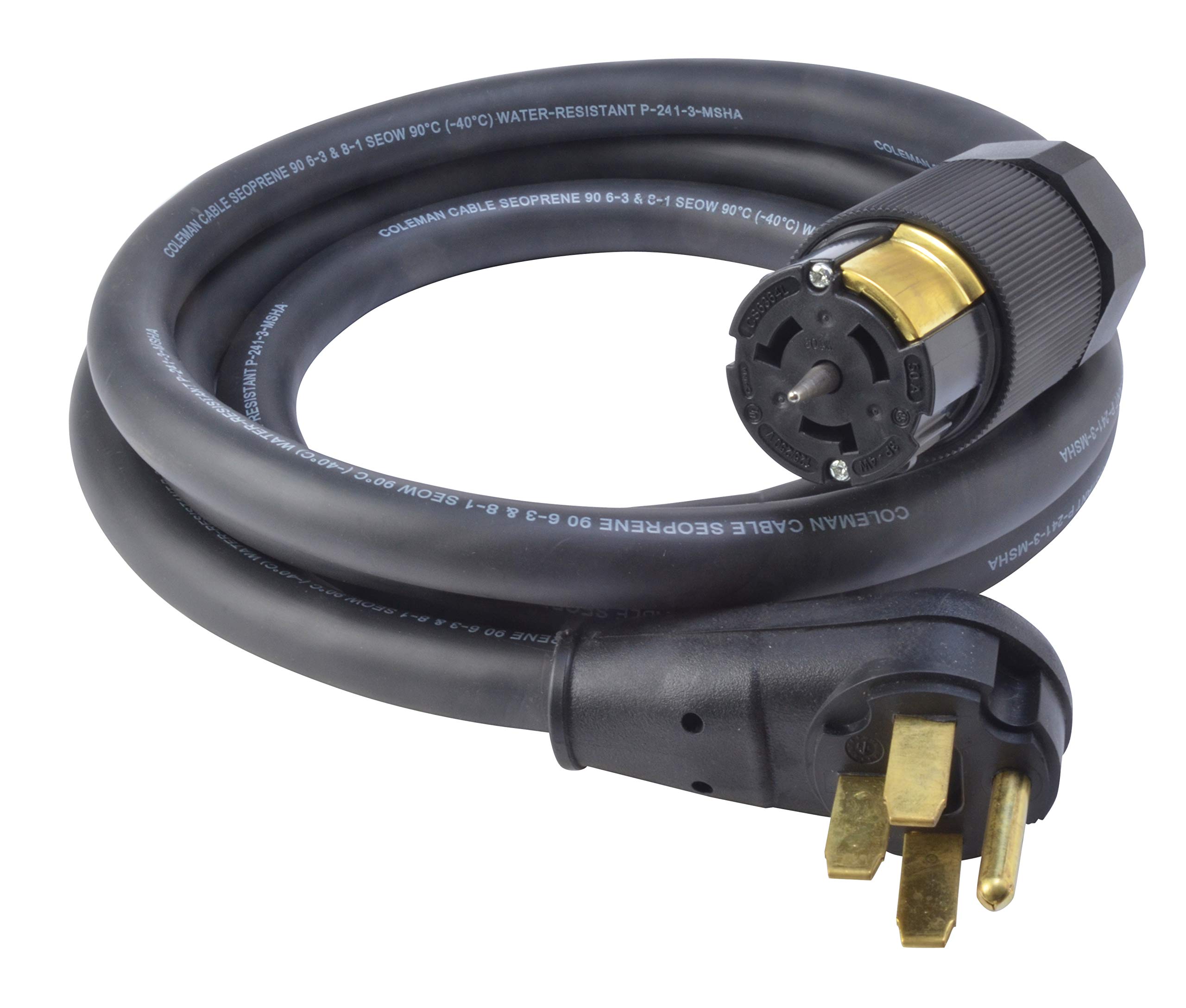 Southwire 18340008 10-Foot 6/3 & 8/1 SEOW Heavy Duty Temporary Power Cord - 50 Amp 125/250V NEMA 14-50 Generator Plug to CA-Style Locking Connector - Ideal for RV, Construction Sites & Emergency Power Backup