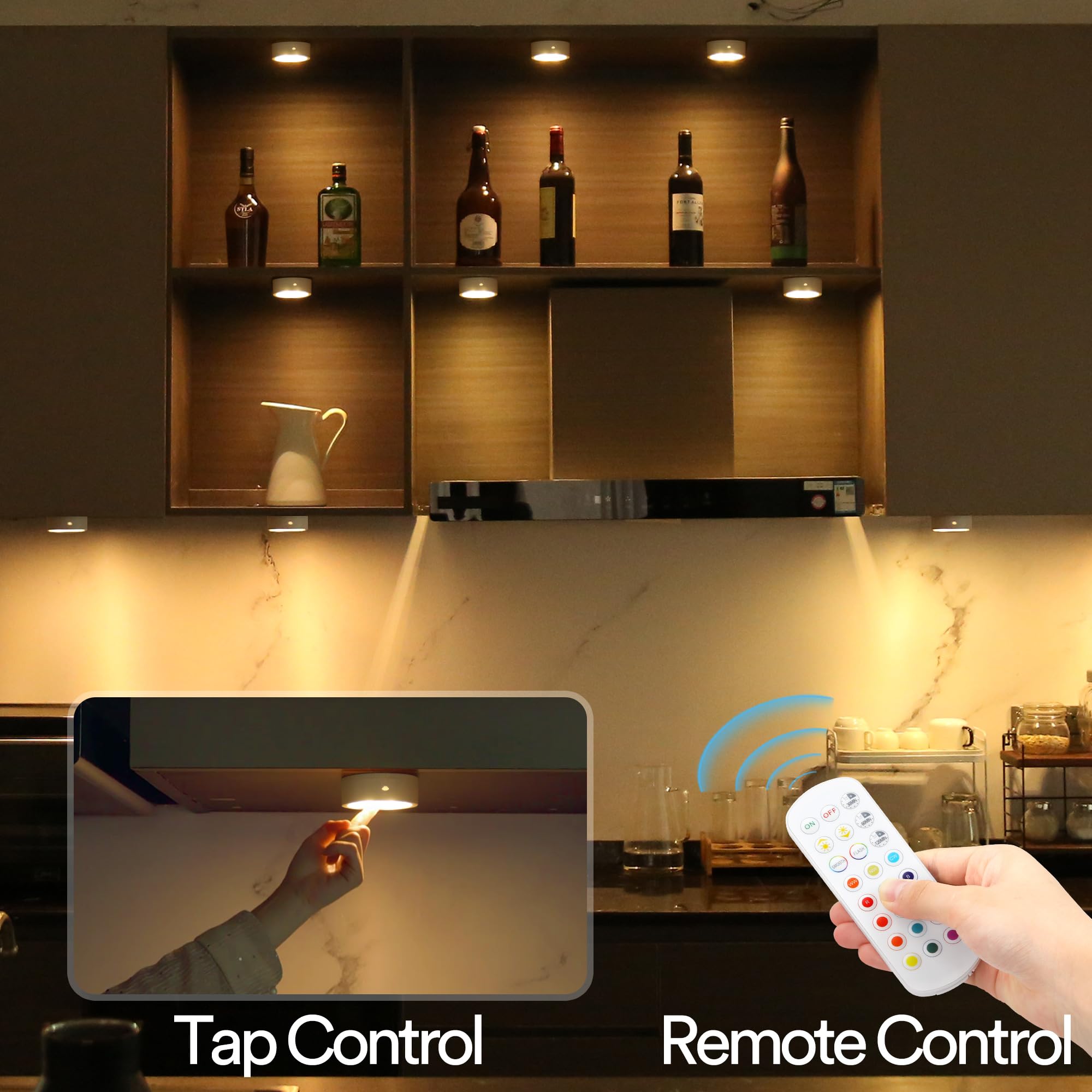 Wireless LED Puck Lights with Remote Control - Battery Operated Under Cabinet Lighting, Stick-On Push Lights, Color Changing for Kitchen, Shelf, Closet (2 Pack, White) - Perfect for Nighttime Kitchen Tasks, Pantry Organization & Bedroom Ambience