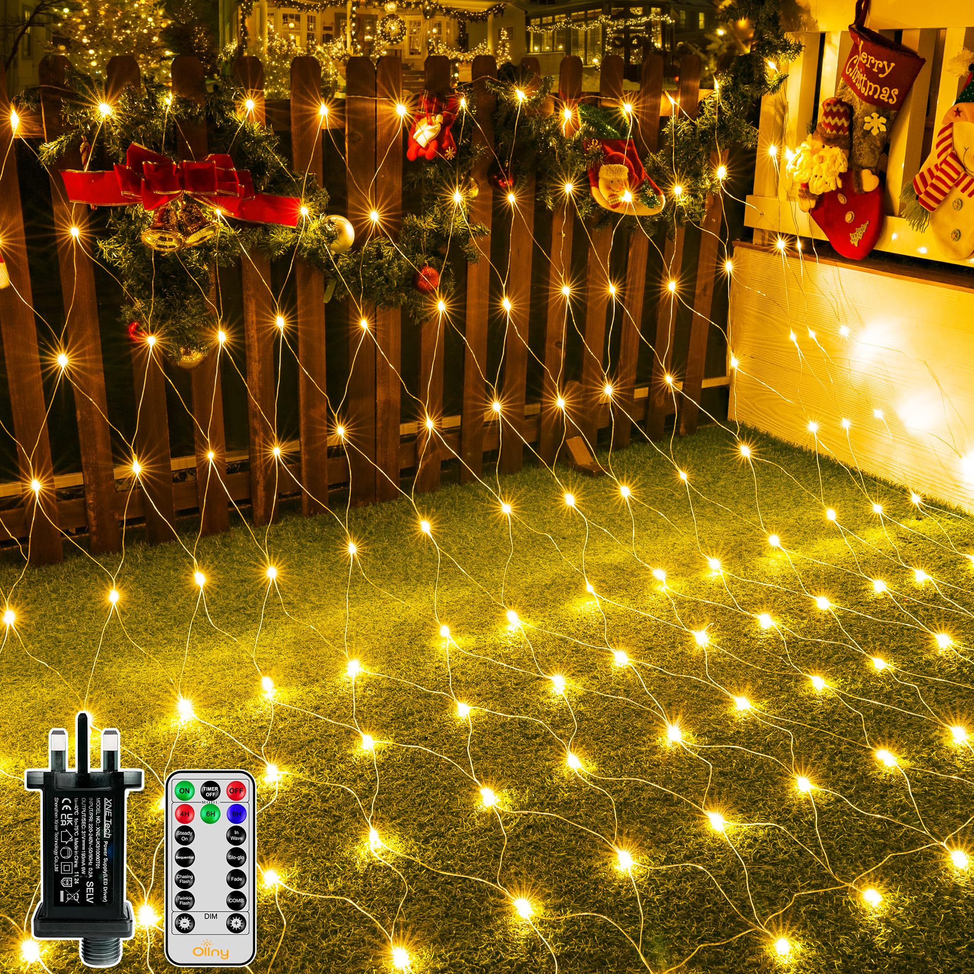 Ollny 200 LED 3m x 2m Waterproof Mesh Fairy Lights with 8 Modes & Timer - Indoor/Outdoor String Lights for Christmas Tree, Garden, Window, Curtain Decor - Warm White - Perfect for Holiday, Wedding, and Party Lighting