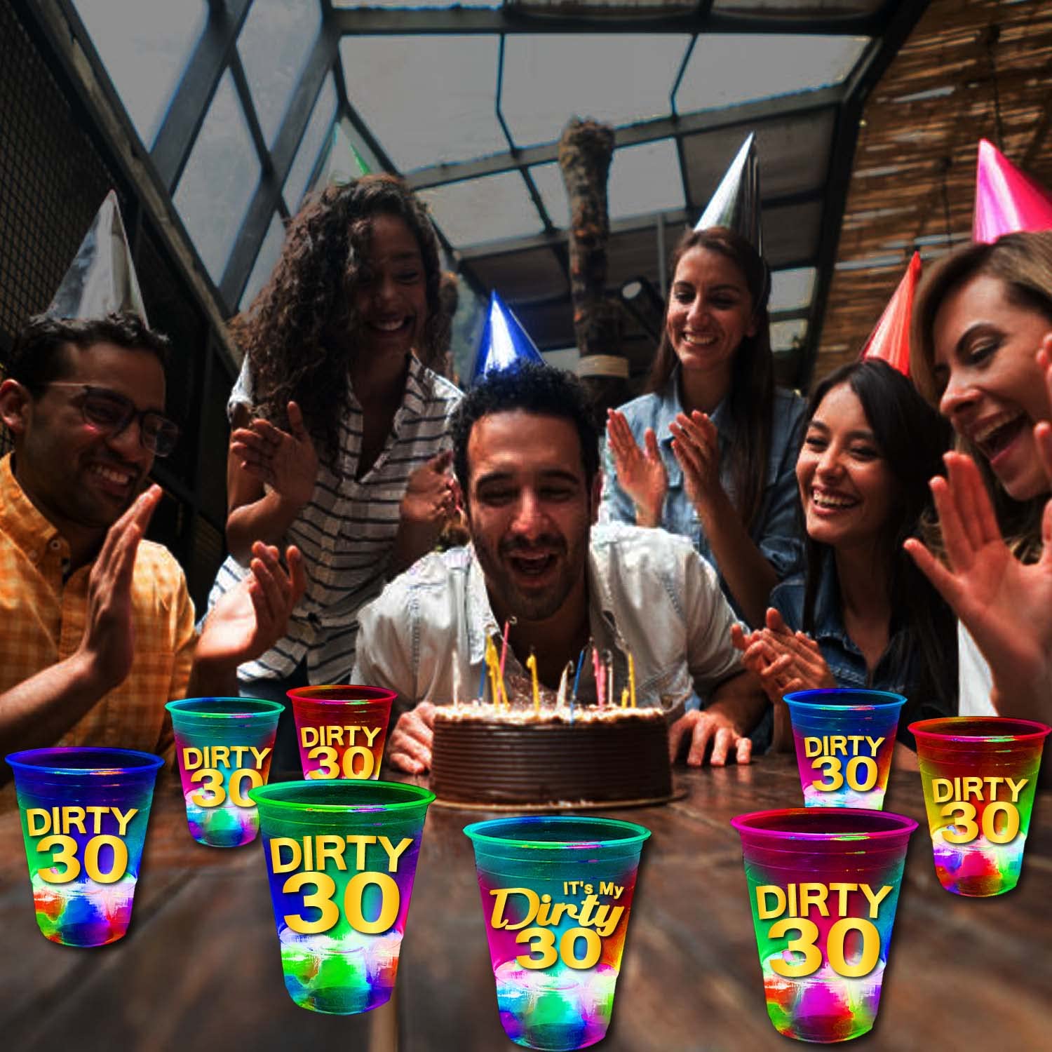 24 Pack Glow in The Dark Dirty 30 Birthday Party Cups - 16oz Light Up Flashing Cups for 30th Birthday Decorations, Night Events & Party Favors - Perfect for Adult Birthday Parties, Bachelorette Events & Glow Themed Celebrations