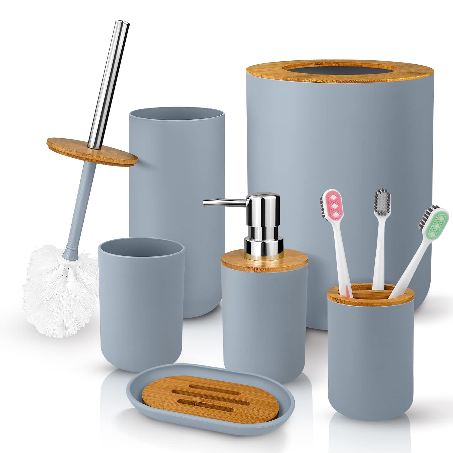 6-Piece Bamboo and Plastic Bathroom Accessory Set - Includes Toothbrush Cup, Holder, Soap Dispenser, Soap Dish, Toilet Brush with Holder & Trash Can + 3 Bonus Toothbrushes (Grey) - Perfect for Modern Bathrooms, Apartments & Guest Bathroom Essentials