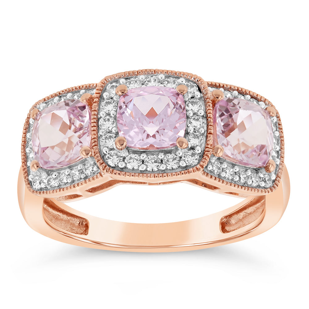 9ct Rose Gold Trilogy Cubic Zirconia & Morganite Ring - Elegant Stackable Jewelry for Weddings, Anniversaries & Special Occasions