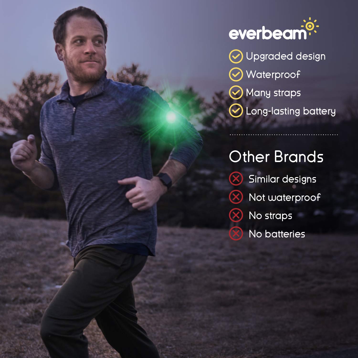 Everbeam E100 LED Safety Lights for Walking at Night - Waterproof, Bright Clip-On LED Light for Runners, Cycling, Dog Walking, Kayaking - Adjustable Straps, 2 Pack (Green) - Stay Visible During Night Jogging, Biking, and Outdoor Adventures